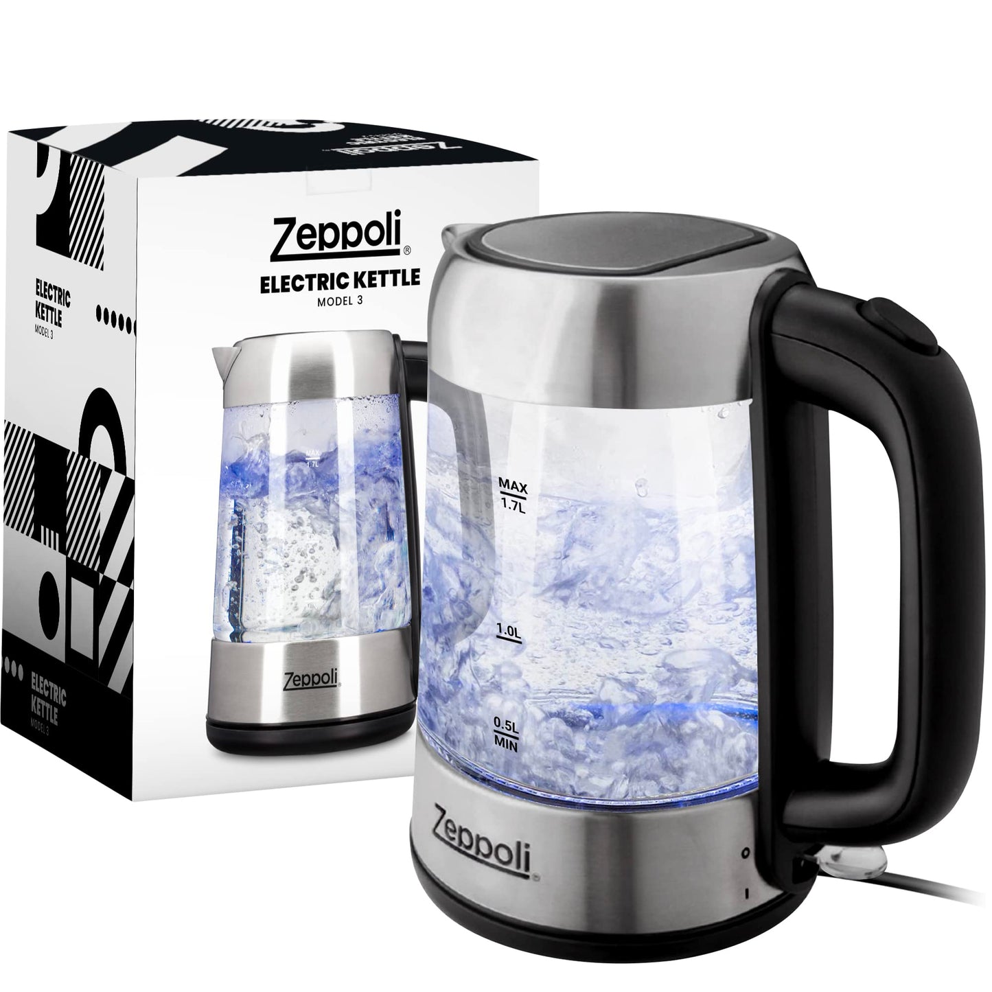 Zeppoli Electric Kettle - Glass Tea Kettle (1.7L) Fast Boiling and Cordless, Stainless Steel Finish Hot Water Kettle - Hot Water Dispenser - Glass Tea Kettle, Tea Pot Water Heater