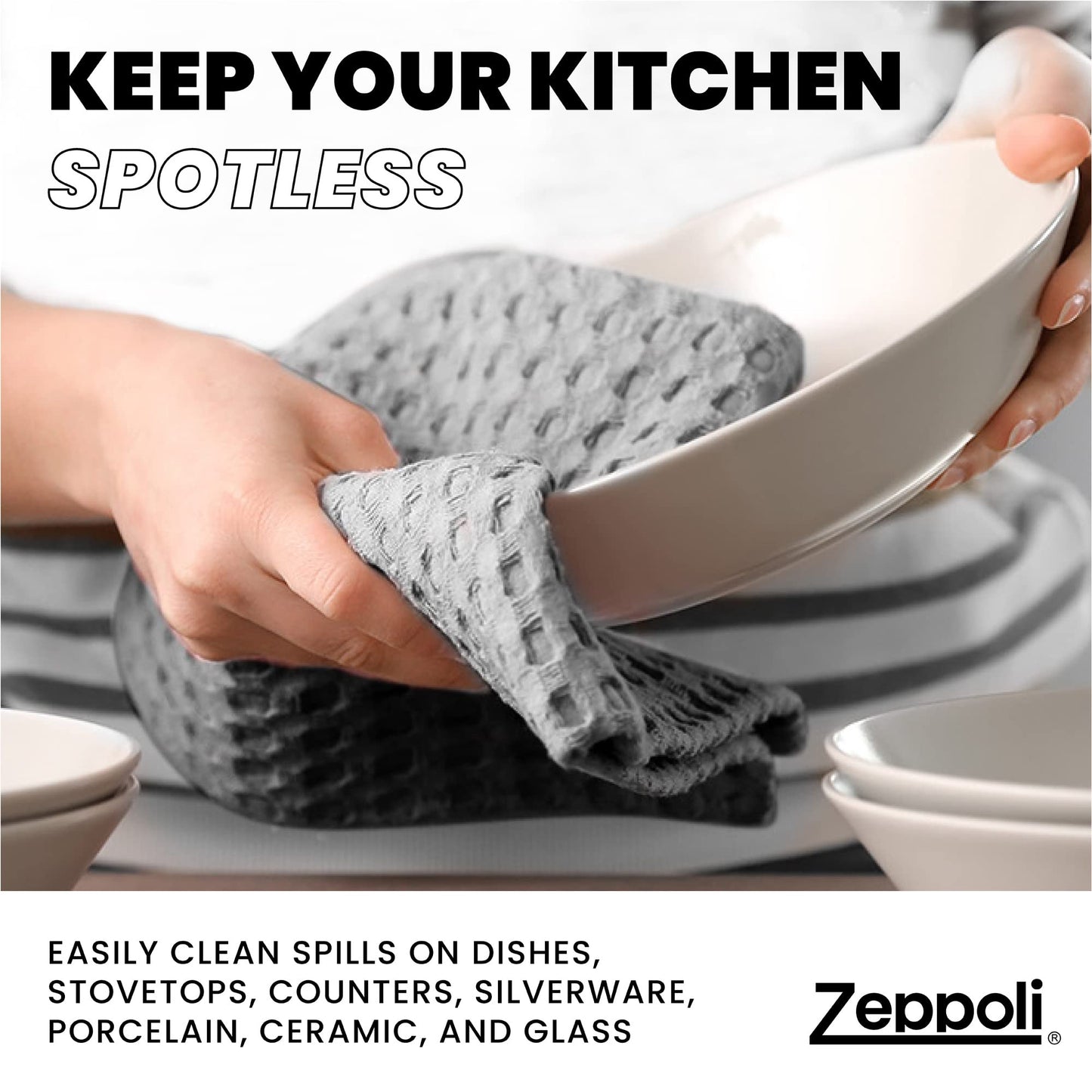 Zeppoli Classic Kitchen Towels - 12 Pack 100% Natural Cotton Kitchen Towel Set, Reusable Wash Cloths, Absorbent Dish Towels, Machine Washable Hand Towels, Kitchen Essentials - 15� by 25� - Gray