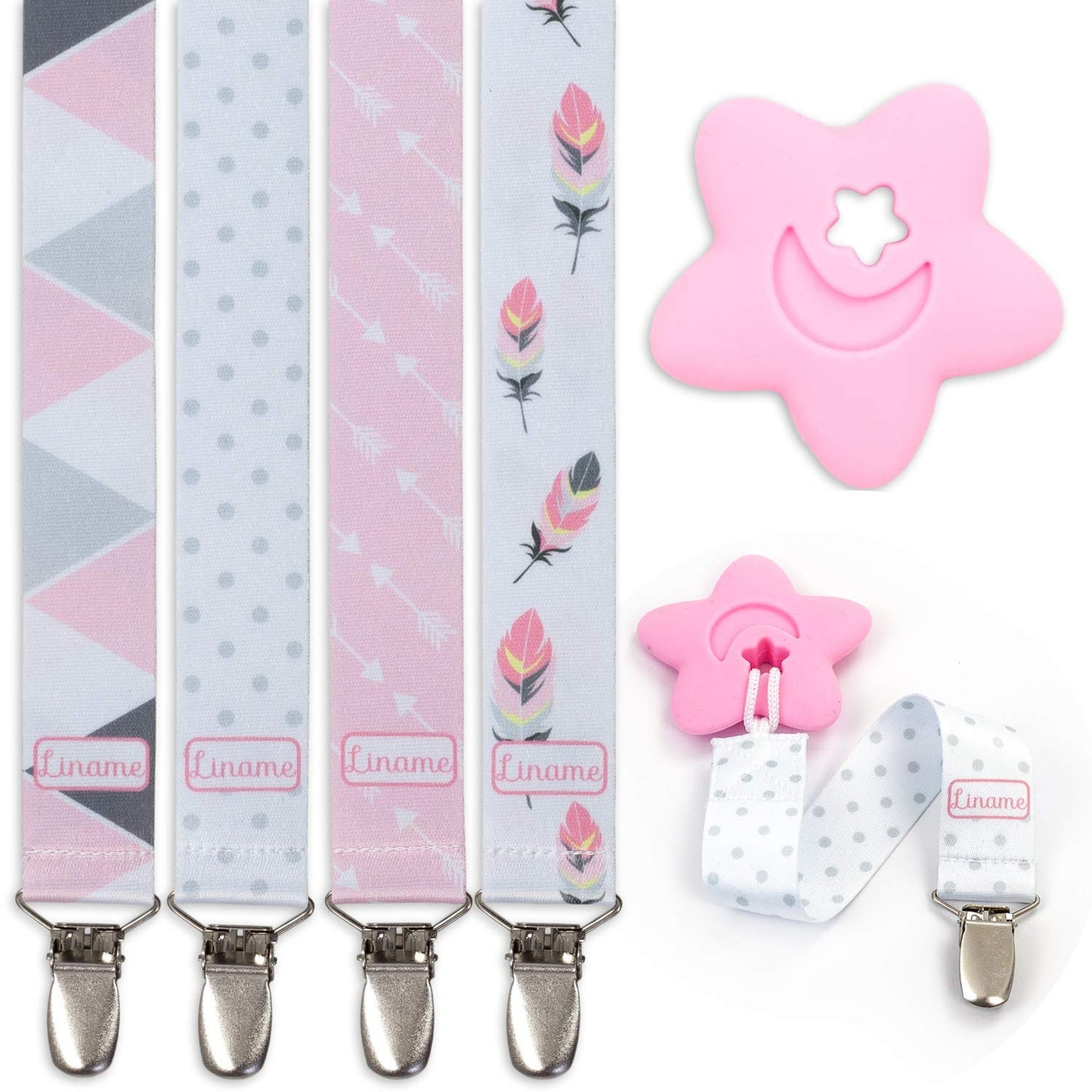 Liname Neutral Pacifier Clip with Teething Toy - 4 Pack Pacifier Clips for Boys & Girls - Binky Holder Soothie Paci Clip Binkie Clip - Unisex Pacifer Clip Baby Pacifier Clip and Pacifier Holder (Pink)