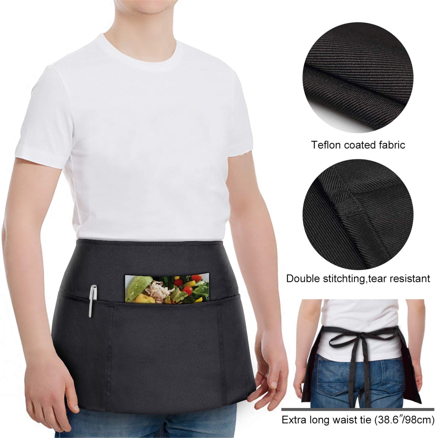 Will Well Waist Apron with 3 Pockets - Water & Oil Resistant - Black Waitress Apron for Servers - Half Aprons for Women