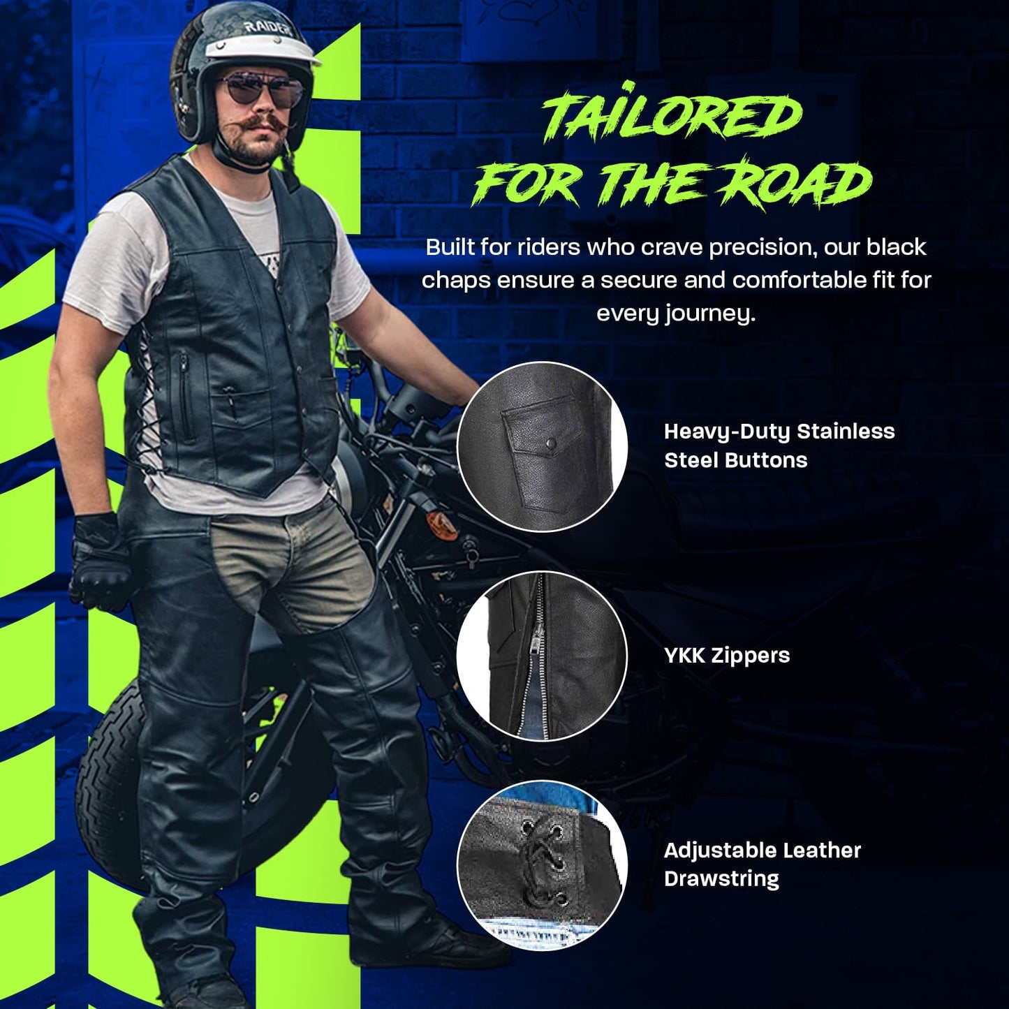 HWK Motorcycle Leather Chaps for Men and Women, Black Motorcycle Chaps for Road Rash Protection and All-Weather Comfort