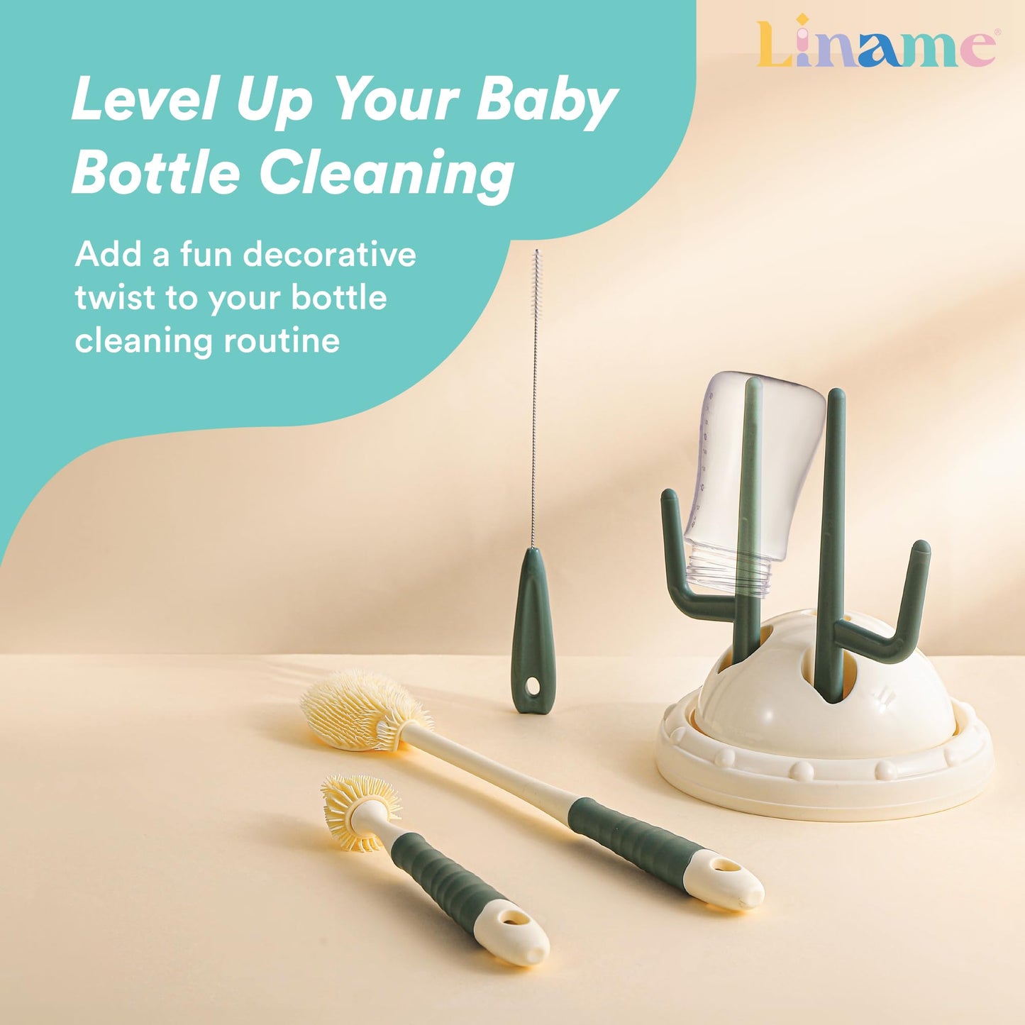 Liname Cactus Baby Bottle Brush Set - 3 Piece Cleaning Brush with Storage Base & Drying Rack,- Includes Bottle Cleaner, Nipple Cleaner & Straw Cleaner - Baby Essentials, Newborn Essentials Must Haves