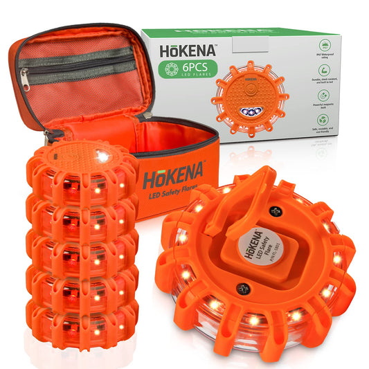 HOKENA 6 Pack LED Road Flares Emergency Lights for Vehicles (Best Economy Pack) - Roadside Warning Safety Disc - Beacon Flashing Flare kit with Magnetic Base & Hook - Roadside Emergency Light