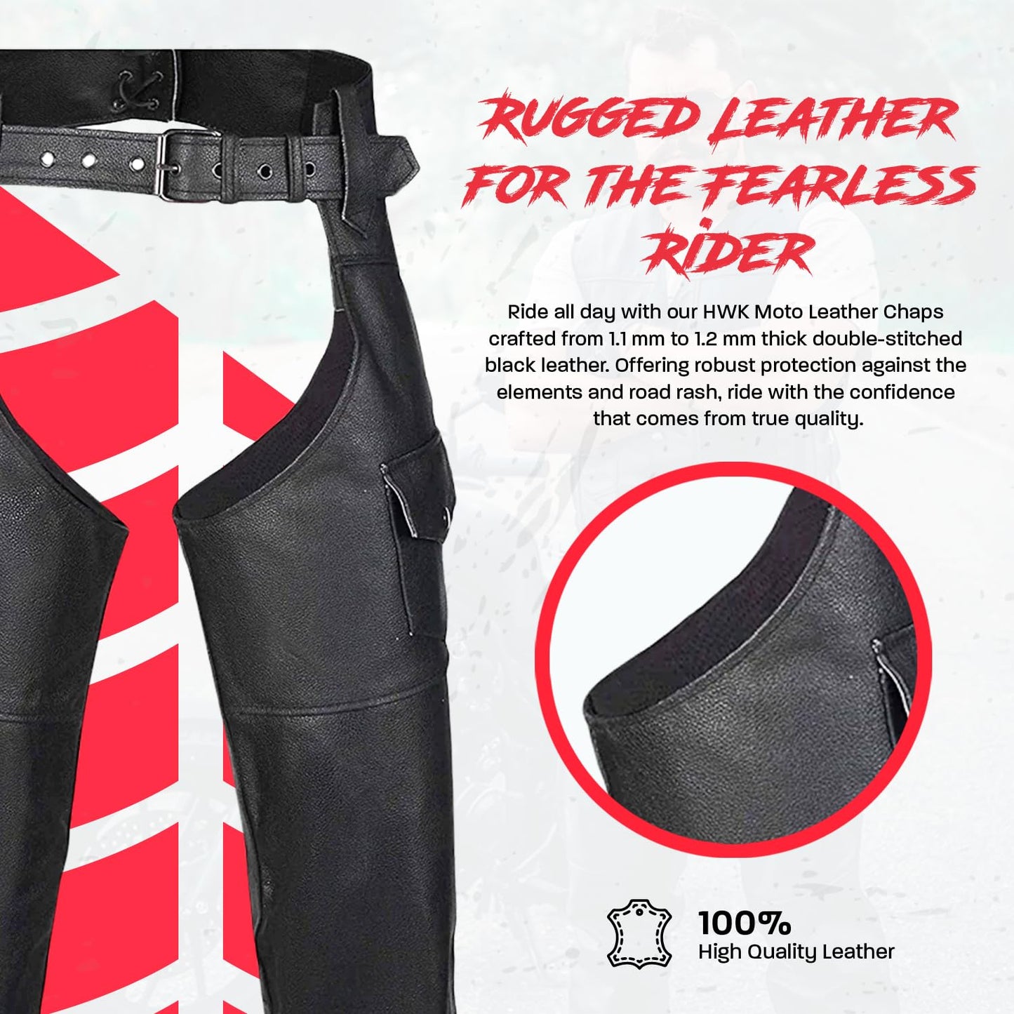 HWK Motorcycle Leather Chaps for Men and Women, Black Motorcycle Chaps for Road Rash Protection and All-Weather Comfort