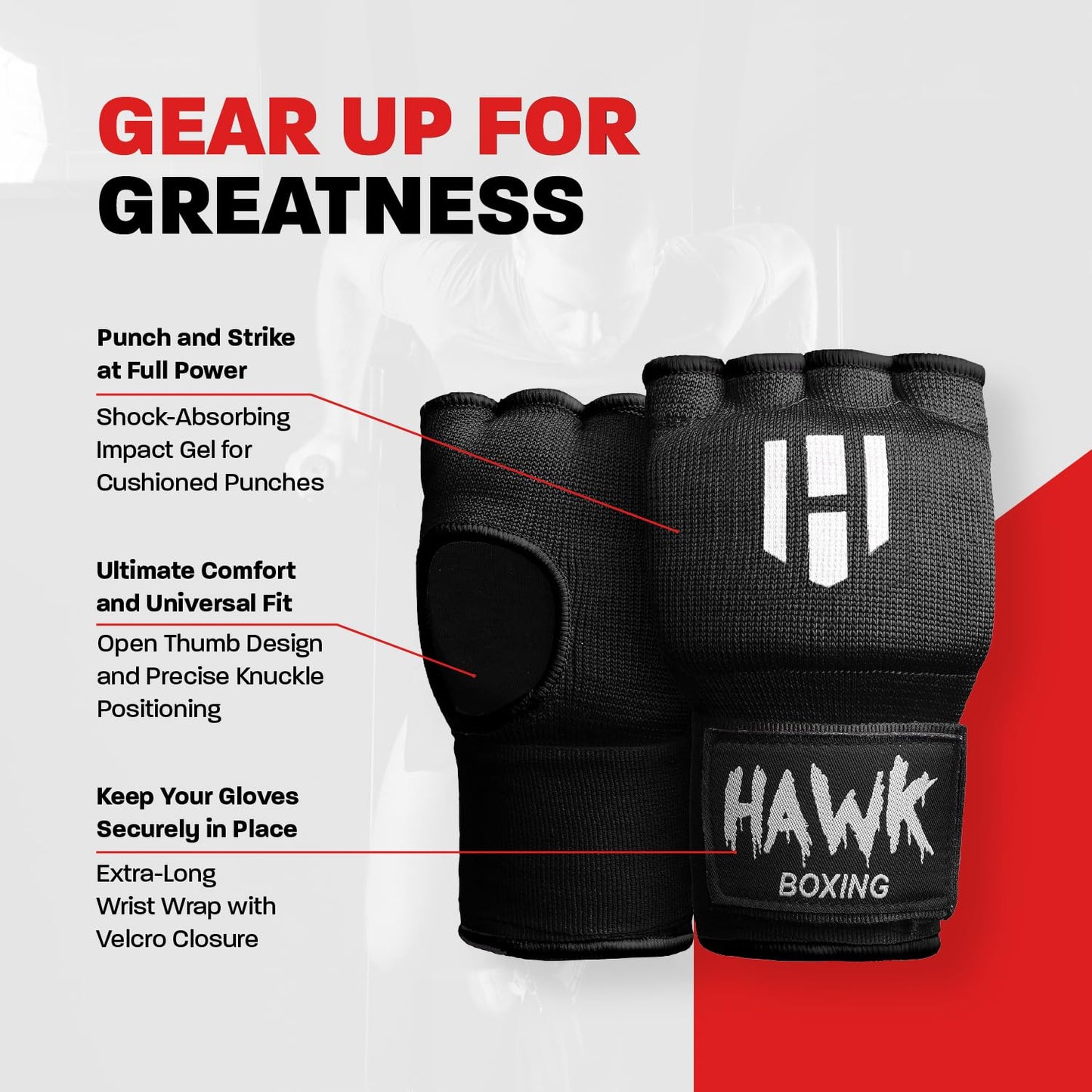 Hawk Padded Inner Gloves Training Gel Elastic Hand Wraps for Boxing Gloves Quick Wraps Men & Women Kickboxing Muay Thai MMA Bandages Fist Knuckle Wrist Wrap Protector Handwraps (Pair)