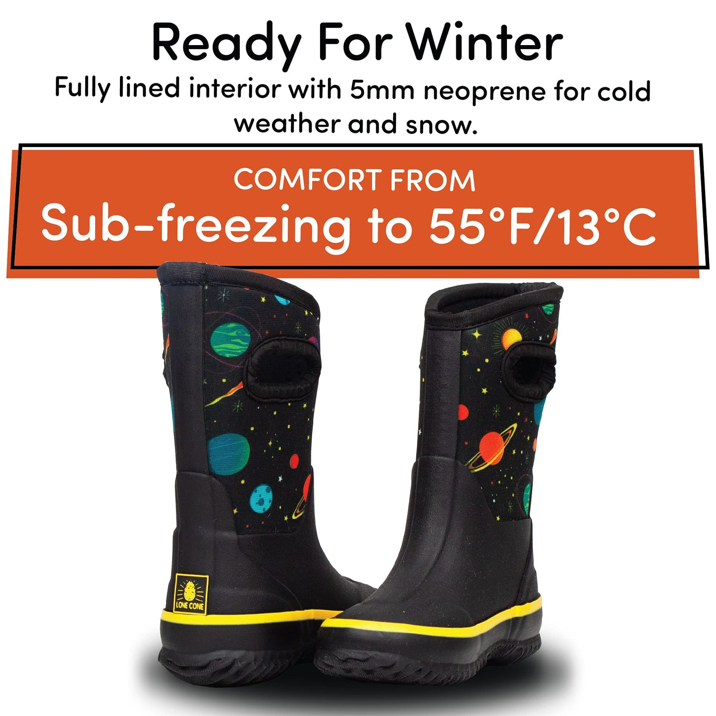 Lone Cone Insulating All Weather MudBoots for Toddlers and Kids - Warm Neoprene Boots for Snow, Rain, and Muck - Space Adventure, 3 Little Kid