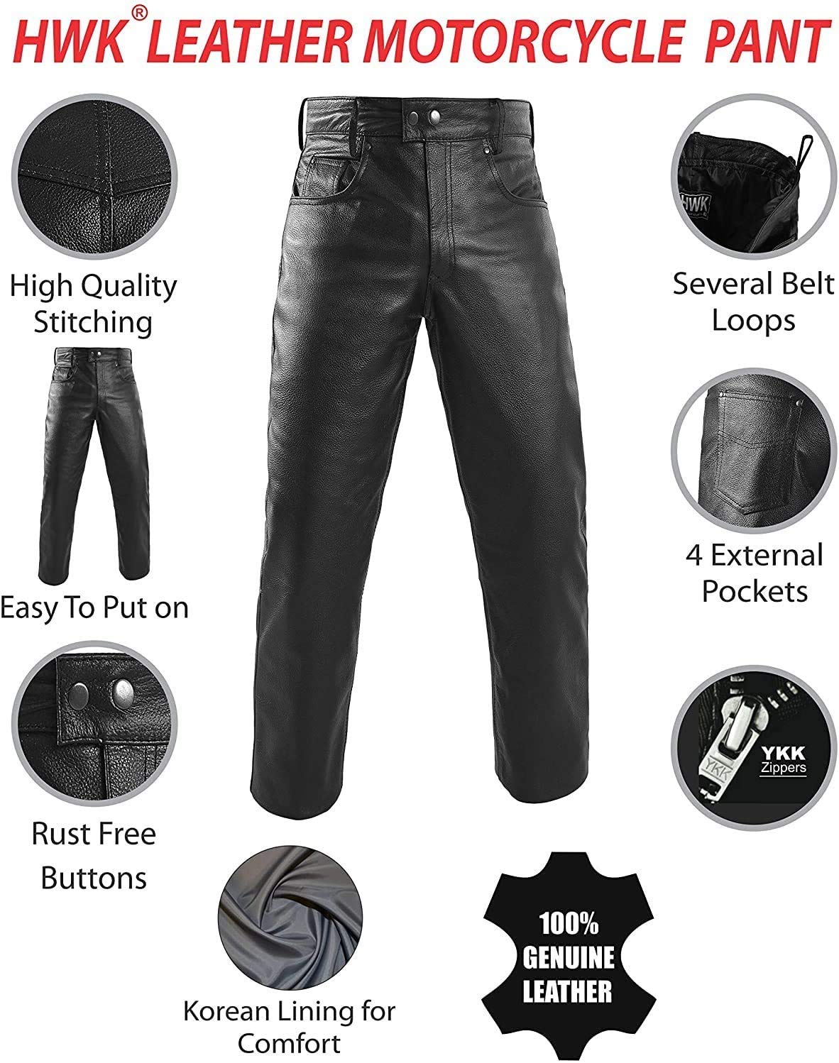 HWK Leather Motorcycle Pants For Men & Women Bikers Rider Moto Racing Riding Pants