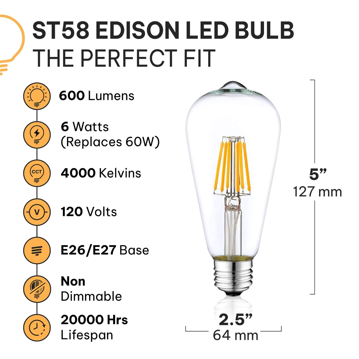 HUDSON BULB CO. Vintage LED 6W Edison Light Bulbs (6 Pack) - E26/E27 Base Light Bulbs 60 watt - 4000K Daylight White Light Bulbs - ST58 Style Filament Light Bulbs Set