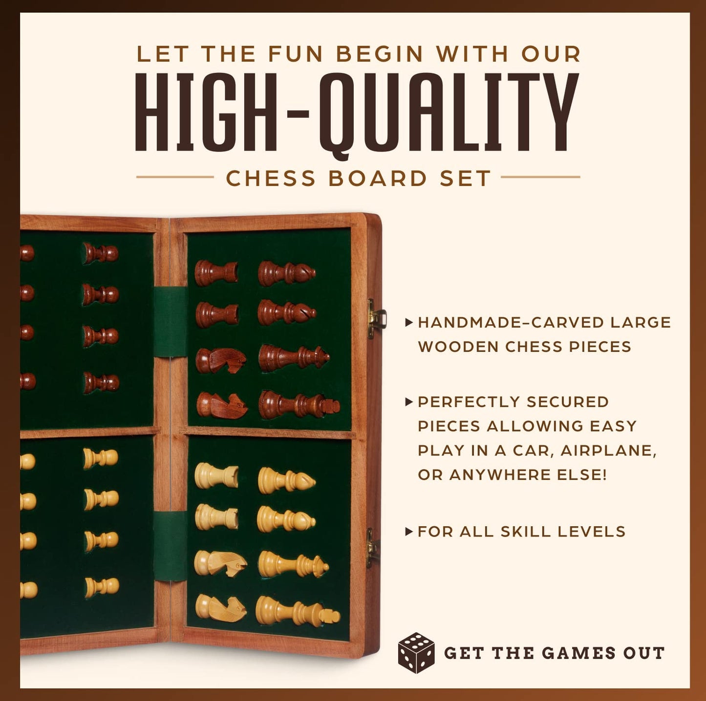 Get The Games Out Travel Chess Set | Handcrafted Large Wooden Board, Magnetic Felted Pieces, Portable, Foldable and Easy Storage | Board Game Gift Set for Kids and Adults | 14 x 14.25 Inches (Brown)