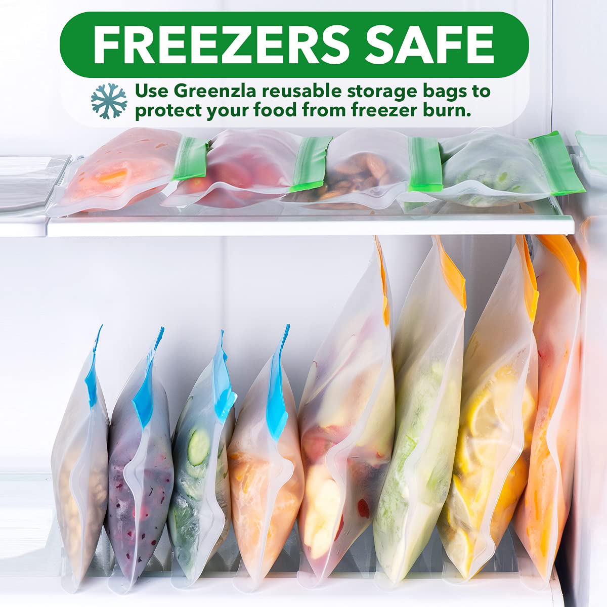 GREENZLA Eco-Friendly Reusable Freezer Bags, 8-Pack Extra Thick and Leakproof Resealable Gallon Bags for Safe Food Storage, Marinating, Snacks, and Meal Prep, Reusable, Non-Toxic, and Freezer Safety