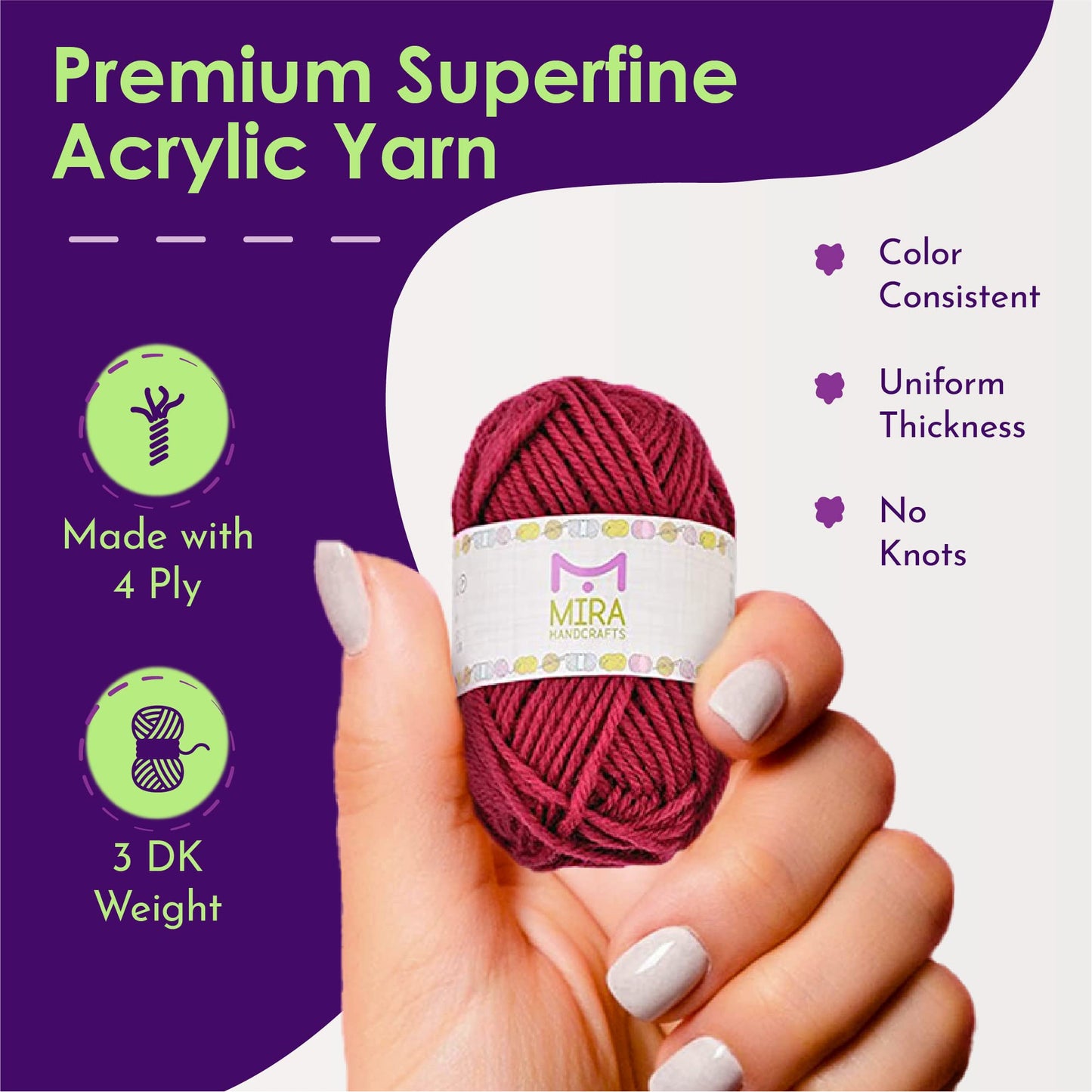 Mira Handcrafts 60 Yarn Skeins - Total of 1312 Yard Acrylic Yarn for Knitting and Crochet - Yarn Bag for Storage and 7 Ebooks Included with Each Pack | (Lilac)