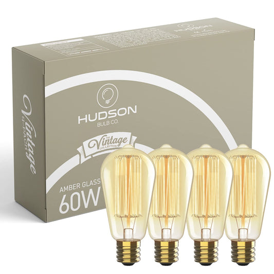 Hudson Vintage Incandescent Edison Light Bulbs 60W (4 Pack)- E26/E27 Base 2100K Dimmable Decorative Lightbulbs - ST64 Style Warm Light-Antique Squirrel Filament Amber Light Bulb for Outdoor and Indoor