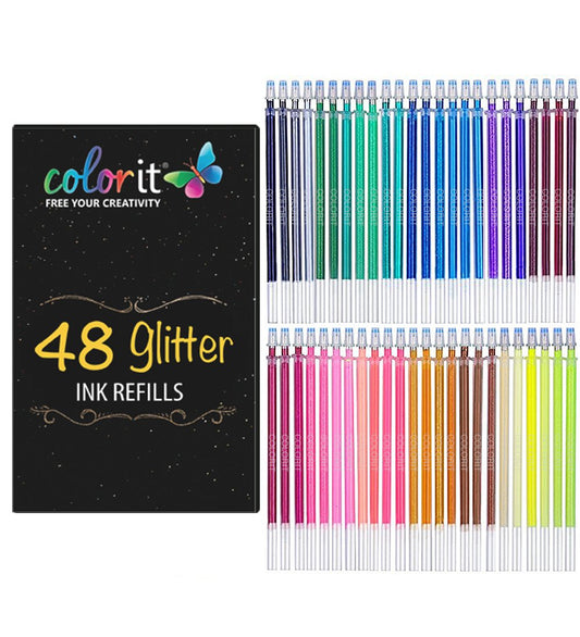 ColorIt 48 Gel Pen Ink Refills for Glitter, Metallic, and Neon - Color Coded for Easy Replacement