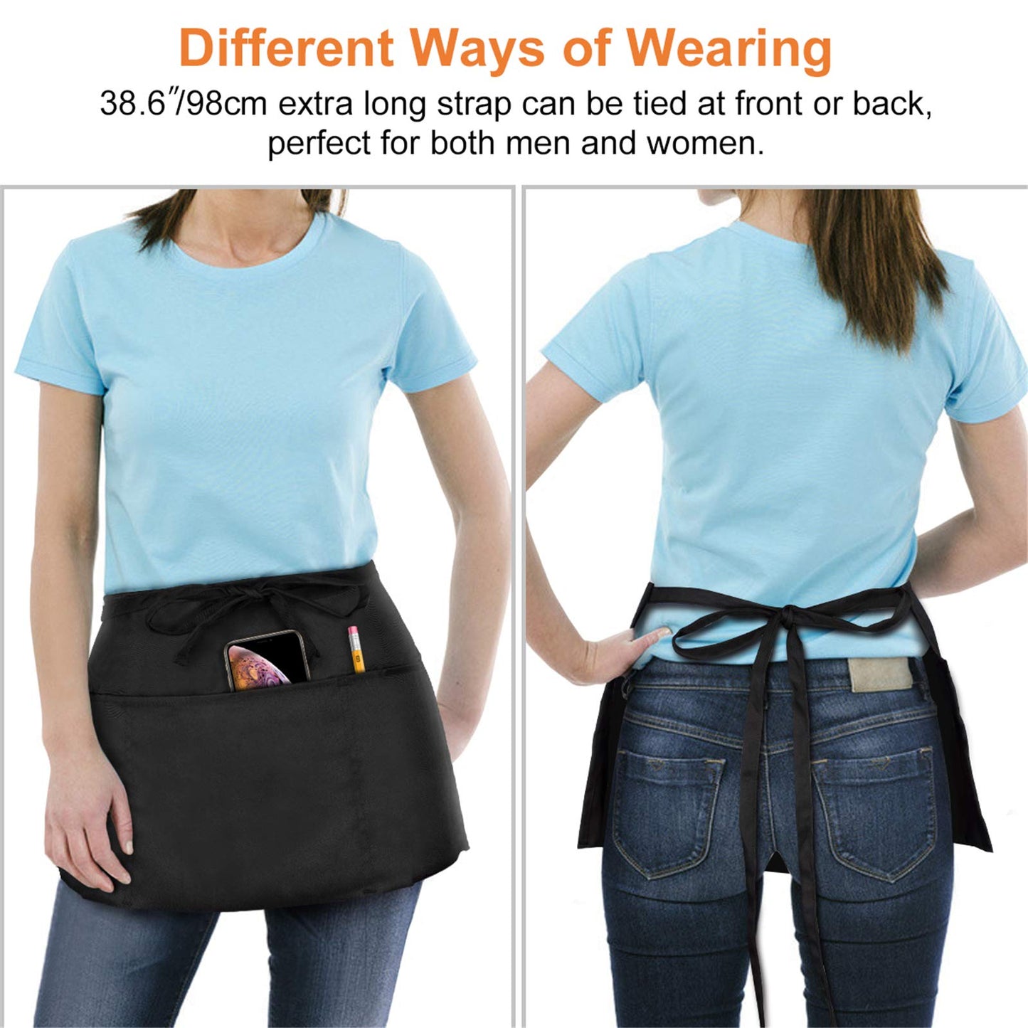 Will Well Waist Apron with 3 Pockets - Water & Oil Resistant - Black Waitress Apron for Servers - Half Aprons for Women