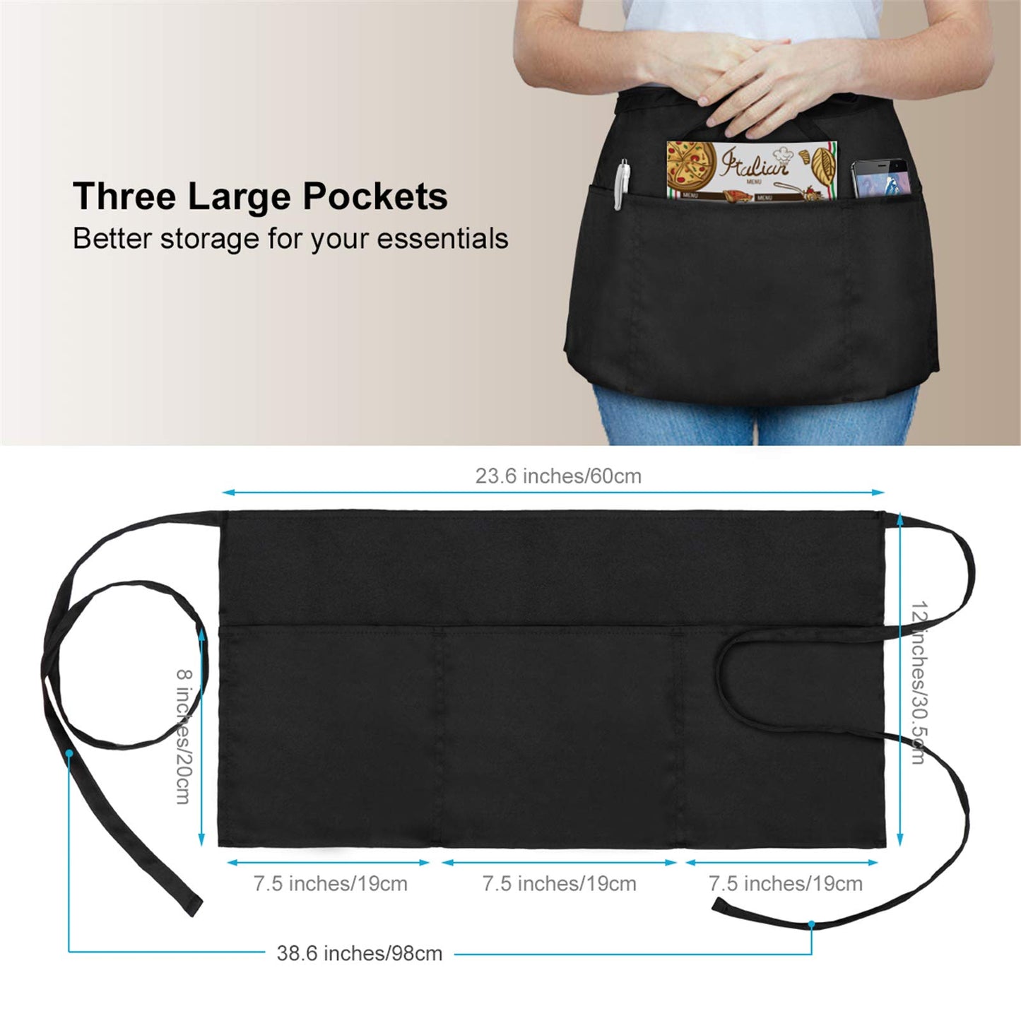 Will Well Waist Apron with 3 Pockets - Water & Oil Resistant - Black Waitress Apron for Servers - Half Aprons for Women