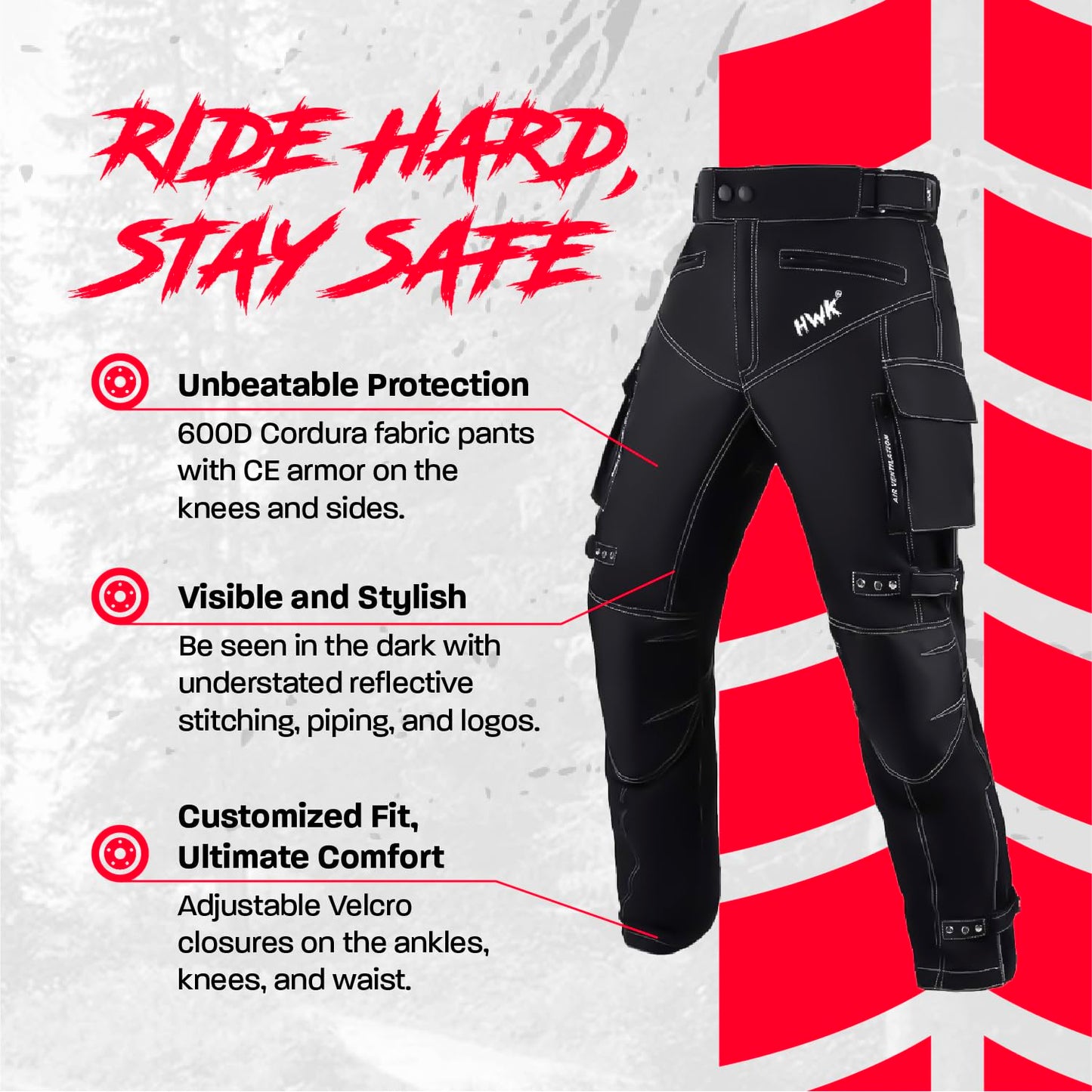 HWK Dual Sport Motorcycle Pants for Men with Water Resistant Cordura Textile Fabric & Impact Protection Armor