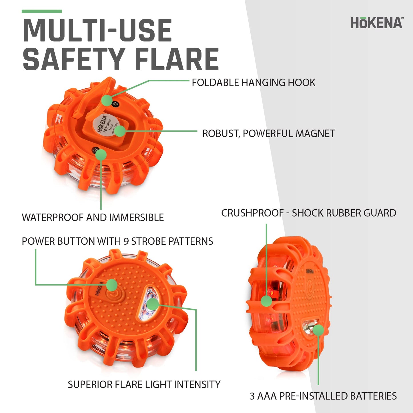 HOKENA 6 Pack LED Road Flares Emergency Lights for Vehicles (Best Economy Pack) - Roadside Warning Safety Disc - Beacon Flashing Flare kit with Magnetic Base & Hook - Roadside Emergency Light