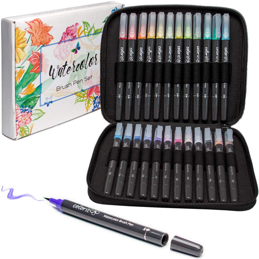 Refillable Watercolor Brush Pens Set - 24 Colors with Flexible Real Brush Tips and Bonus Travel Case - Artist Quality Paint Markers for Adult Coloring Books, Painting, Calligraphy