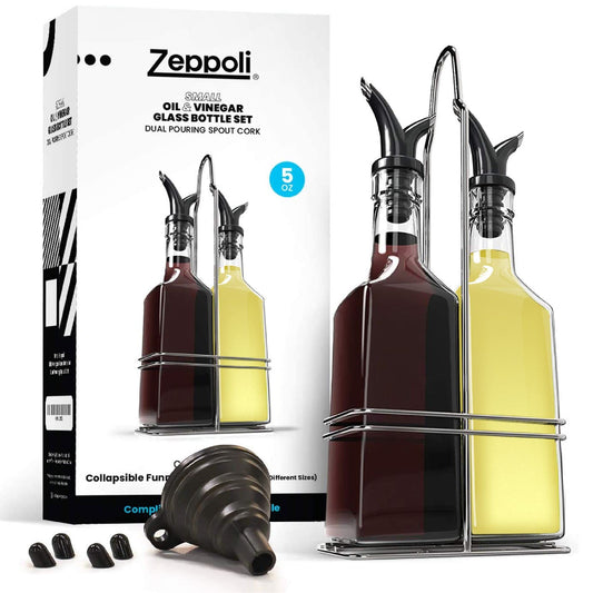 Zeppoli Oil and Vinegar Bottle Set - Comes with Stainless Steel Rack, Removable Cork, Funnel, and Spout Caps - Dual Cork Spout - Glass Olive Oil Dispenser Set