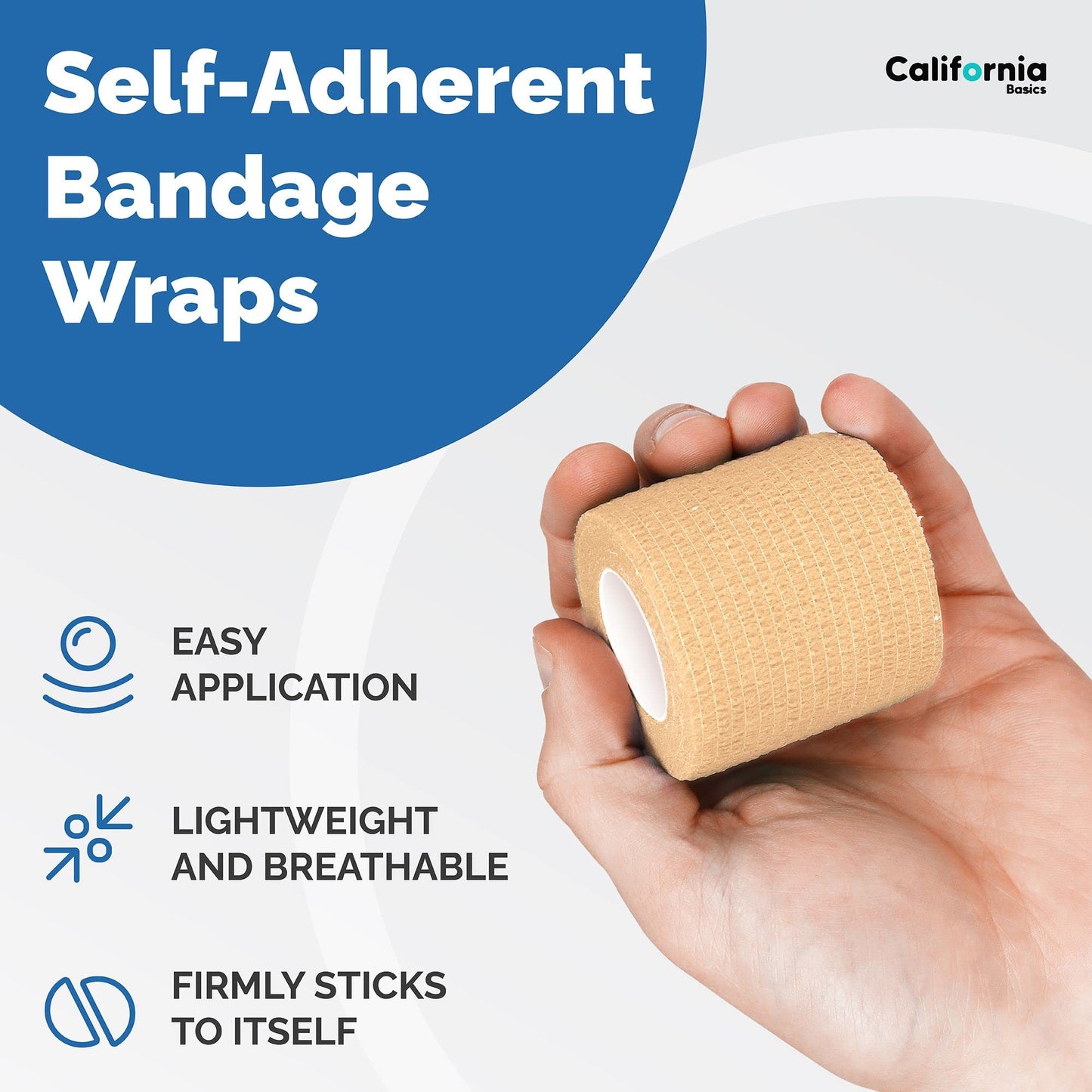 California Basics Non-Woven Self Adhesive Brown Bandage Wrap - Cohesive Bandage for All Sports, Breathable Athletic Tape for Wrists, Knee and Ankle