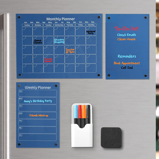 Acrylic Magnetic Calendar Set Monthly Calendar, Weekly Planner, Dry Erase Board for Notes and to Do List with 4 Color Acrylic Markers, Dry Erase Eraser, Magnetic Pen Holder (Blue)