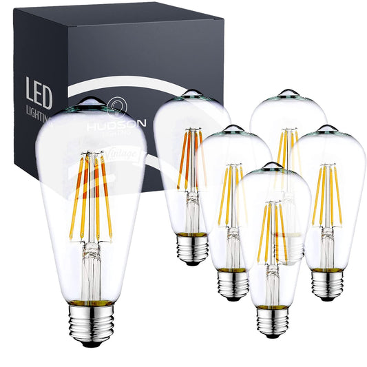 HUDSON BULB CO. Vintage LED Edison Light Bulbs 60W (6 Pack)- E26/E27 Base Dimmable Decorative Lightbulbs - ST58 Style Warm Light (5000K Daylight White, 6- Non Dimmable)