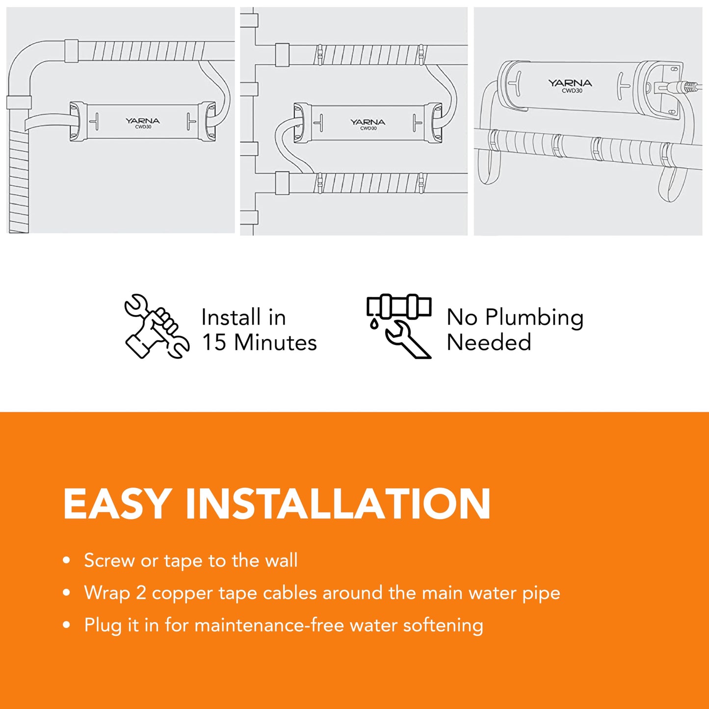 YARNA Capacitive Electronic Water Descaler Whole House Solution - Alternative No Salt Water Softener System, Reduces The Effects of Limescale and Hard Water [CWD30, Max 2" Pipe]