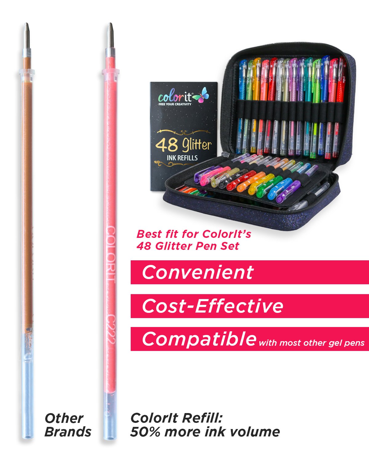 ColorIt 48 Gel Pen Ink Refills for Glitter, Metallic, and Neon - Color Coded for Easy Replacement