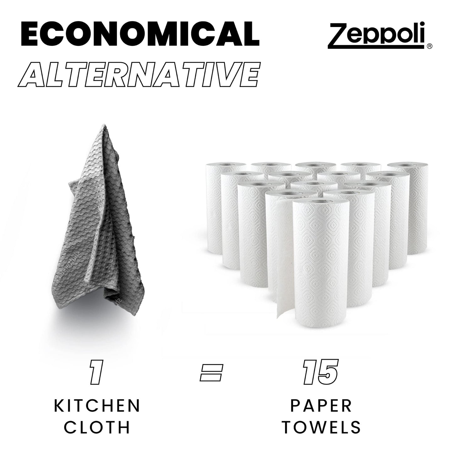 Zeppoli Classic Kitchen Towels - 12 Pack 100% Natural Cotton Kitchen Towel Set, Reusable Wash Cloths, Absorbent Dish Towels, Machine Washable Hand Towels, Kitchen Essentials - 15� by 25� - Gray