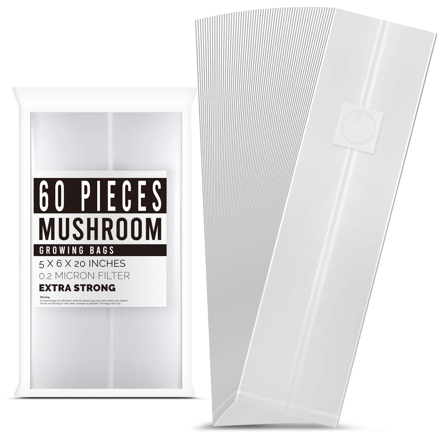 LOSTRONAUT Mushroom Grow Bags - 60 Pack Extra Strong & Large Grow Bags, Autoclave Bags with 2 Micron Fiber for Mushroom Growing, Mushroom Spawn Bag, CO2 Bag, Mushroom Growing Kit & Gardening Supplies