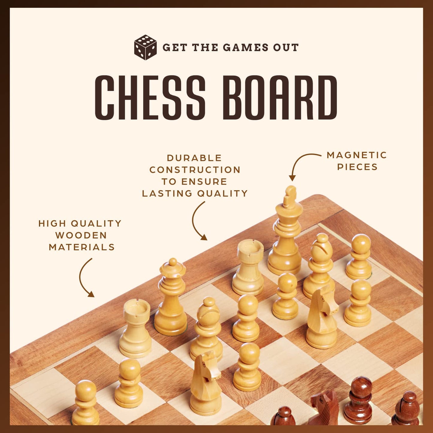 Get The Games Out Travel Chess Set | Handcrafted Large Wooden Board, Magnetic Felted Pieces, Portable, Foldable and Easy Storage | Board Game Gift Set for Kids and Adults | 14 x 14.25 Inches (Brown)