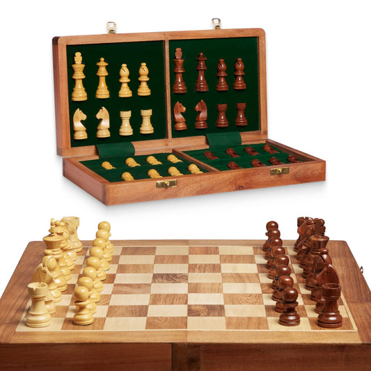 Get The Games Out Travel Chess Set | Handcrafted Large Wooden Board, Magnetic Felted Pieces, Portable, Foldable and Easy Storage | Board Game Gift Set for Kids and Adults | 14 x 14.25 Inches (Brown)