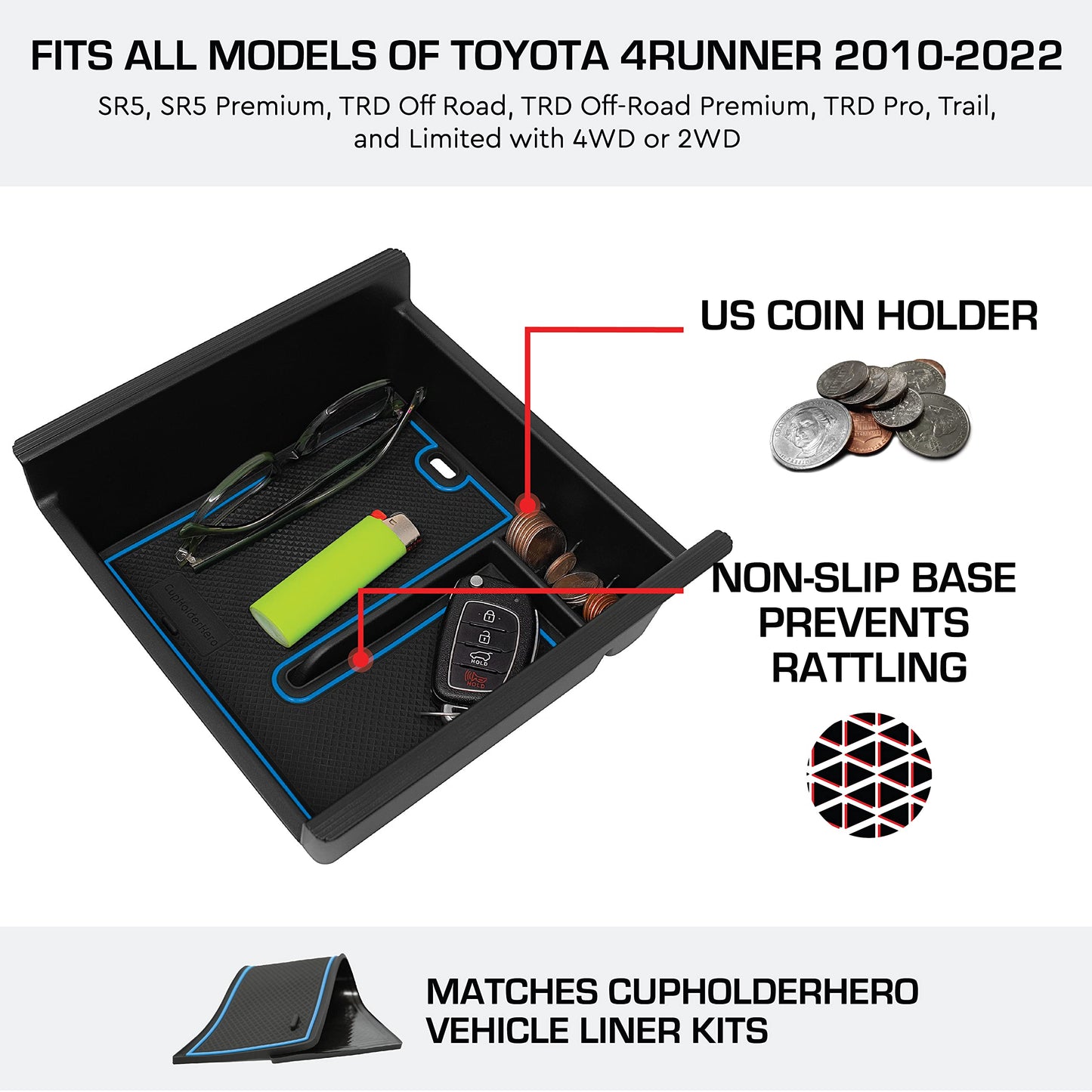 2010-2022 Toyota 4Runner - Premium Console Tray Organizer with Liners Kit