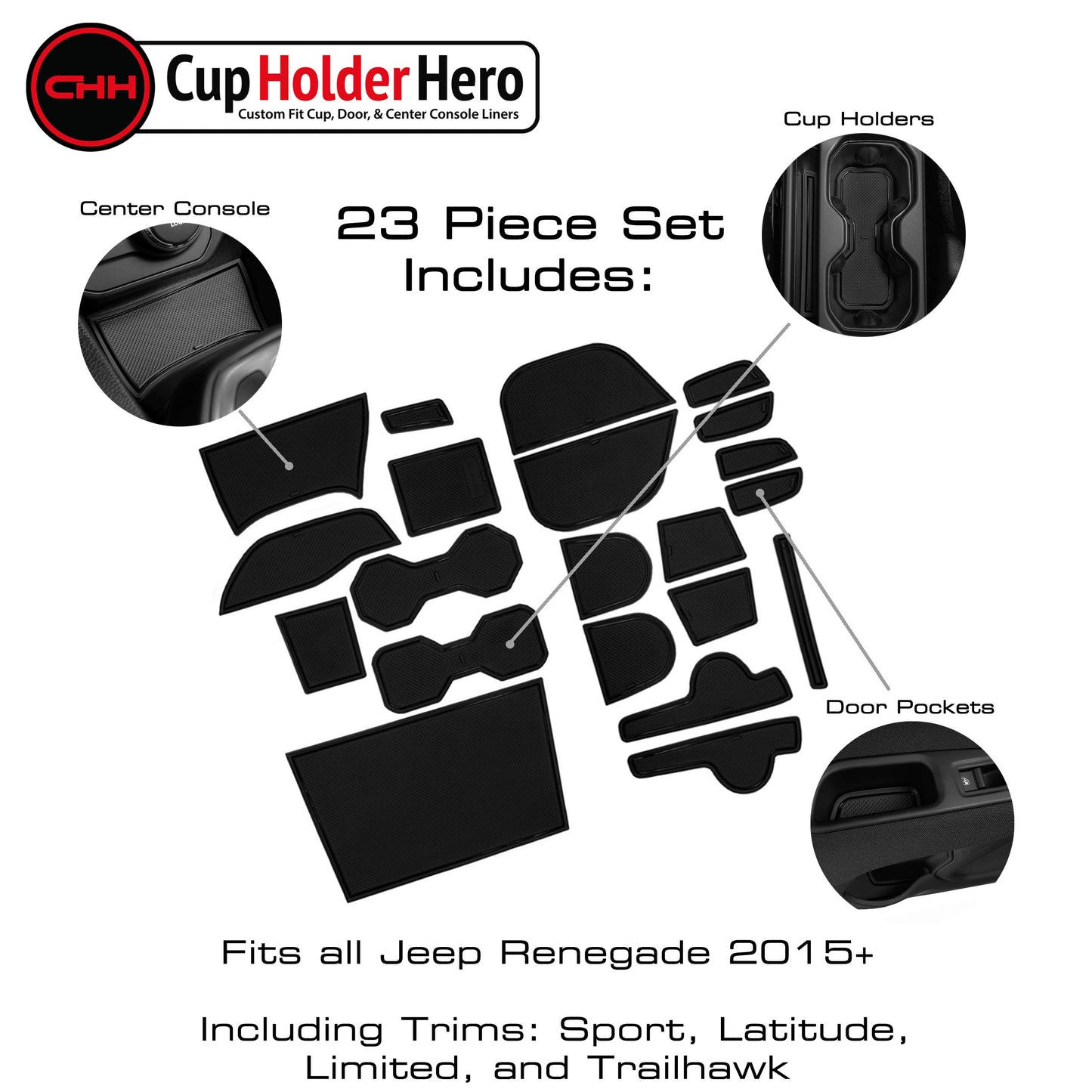 CupHolderHero fits Jeep Renegade Accessories 2015-2024 Premium Custom Interior Non-Slip Anti Dust Cup Holder Inserts, Center Console Liner Mats, Door Pocket Liners 23pc Set (Solid Black)