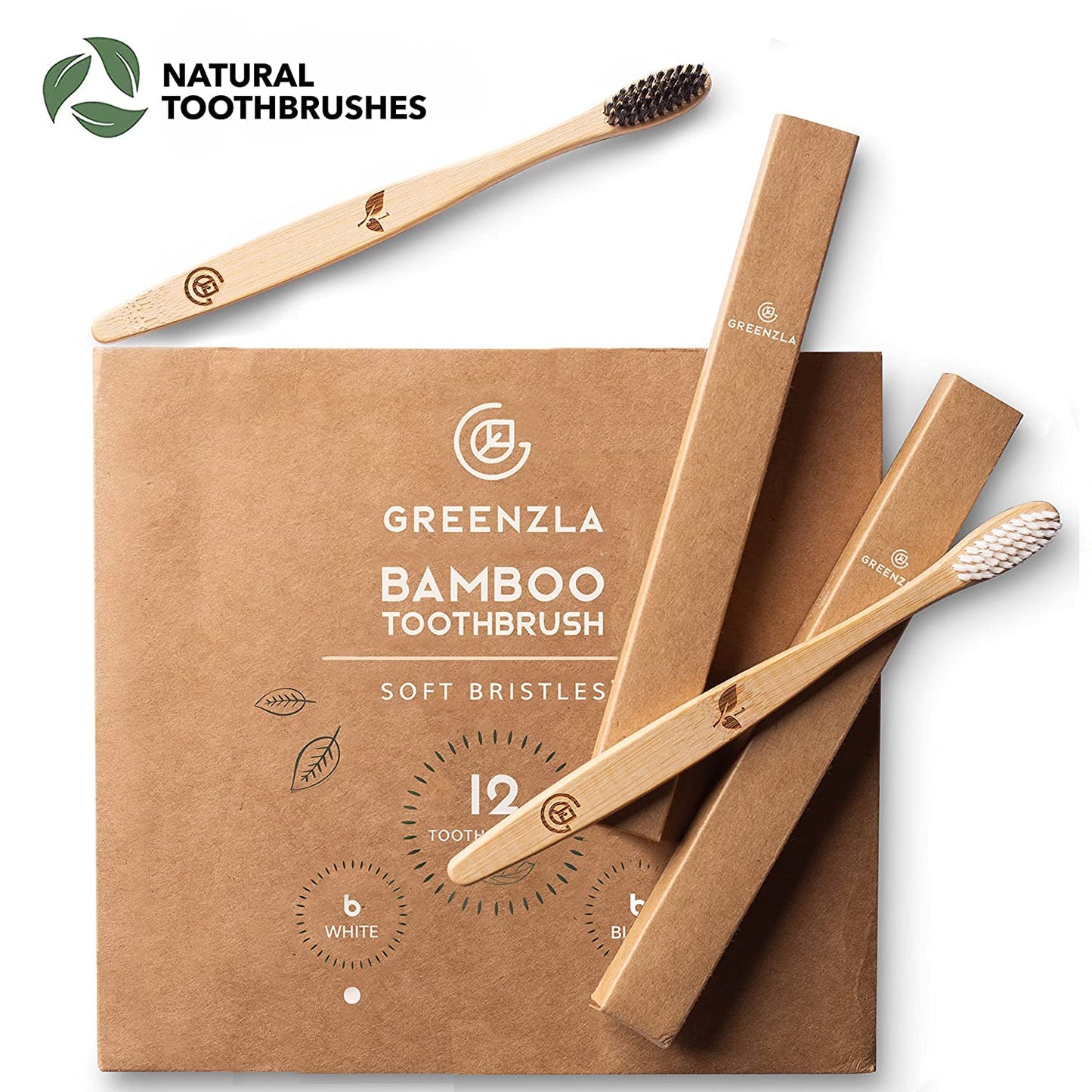 Greenzla Biodegradable Bamboo Toothbrushes, 12 Pack Sturdy BPA Free Soft Bristles Toothbrushes for Adults with Toothbrush Travel Case & Charcoal Dental Floss, Organic & Compostable Wooden Toothbrushes