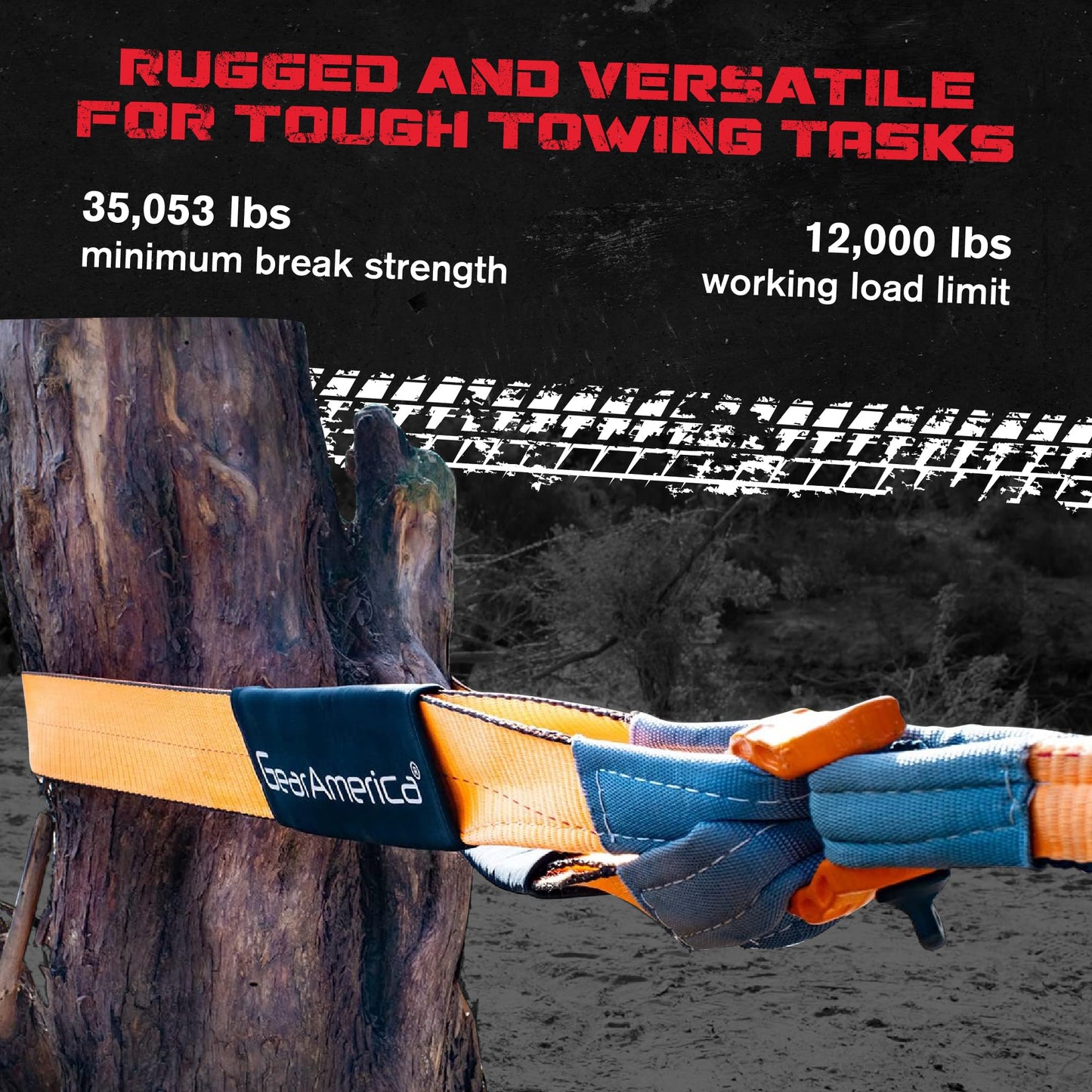 GearAmerica Tow Strap Heavy Duty Tree Saver Winch Strap Max Break Strength Tow Rope Recovery Straps Offroad – Weather Resistant Recovery Rope + Triple Reinforced Loops Towing Strap