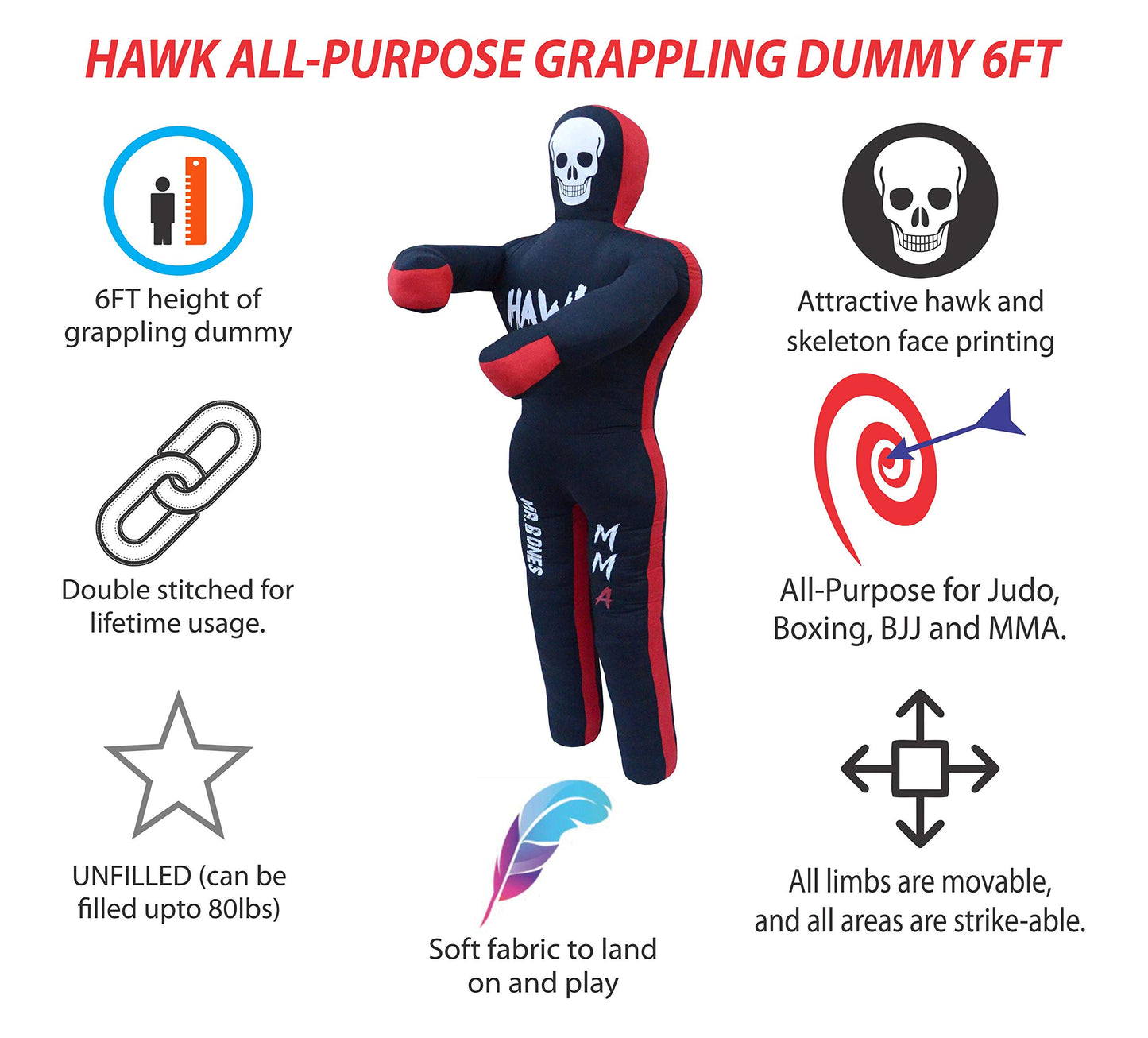 Hawk Sports Skull Grappling Dummy for Combat Sports Mastery, Poseable and Strikeable Punching Dummy for Adults, 6 ft. Boxing Dummy for MMA, Jiu-Jitsu, Judo, Karate, and Wrestling Training and Sparring