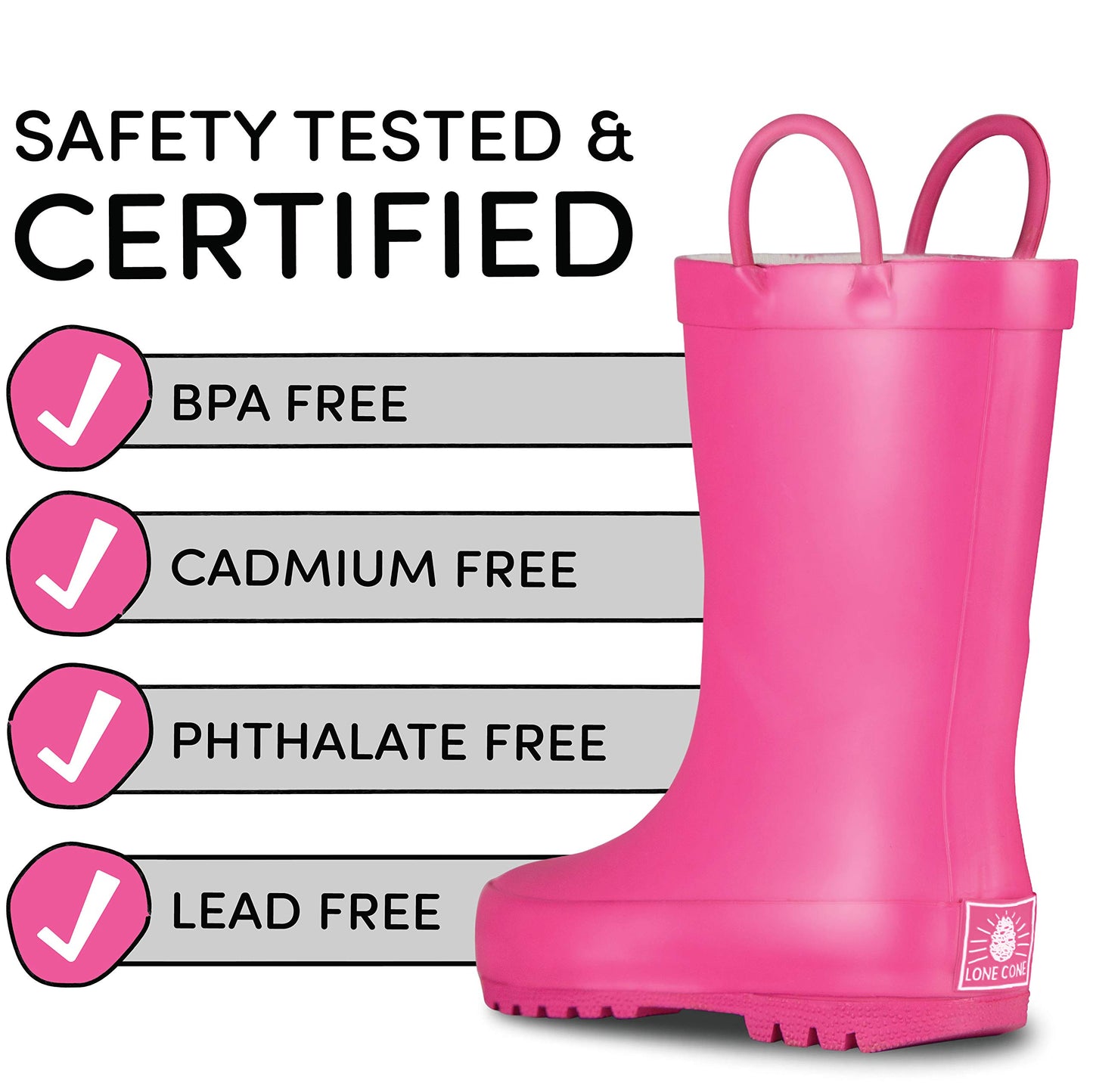 Lone Cone Elementary Collection - Premium Natural Rubber Rain Boots with Matte Finish for Toddlers and Kids, Bubblegum Pink, Little Kid 3