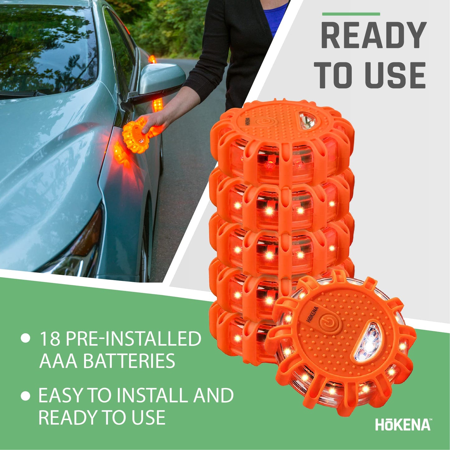 HOKENA 6 Pack LED Road Flares Emergency Lights for Vehicles (Best Economy Pack) - Roadside Warning Safety Disc - Beacon Flashing Flare kit with Magnetic Base & Hook - Roadside Emergency Light