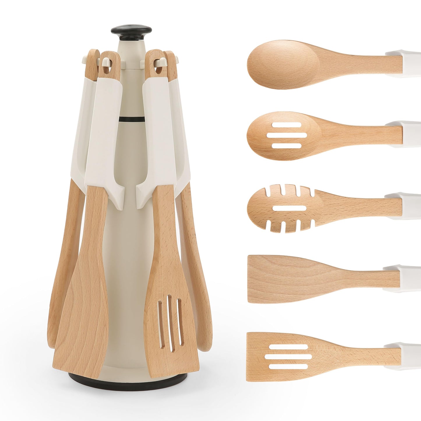 Chef�s Path Wooden Cooking Utensils Set � 5-Piece Beech Wood Kitchen Utensils Set with Silicone Spoon Rest, Wooden Spatula, Serving Spoon, Wooden Spoons for Cooking & Rotating Utensil Holder, White