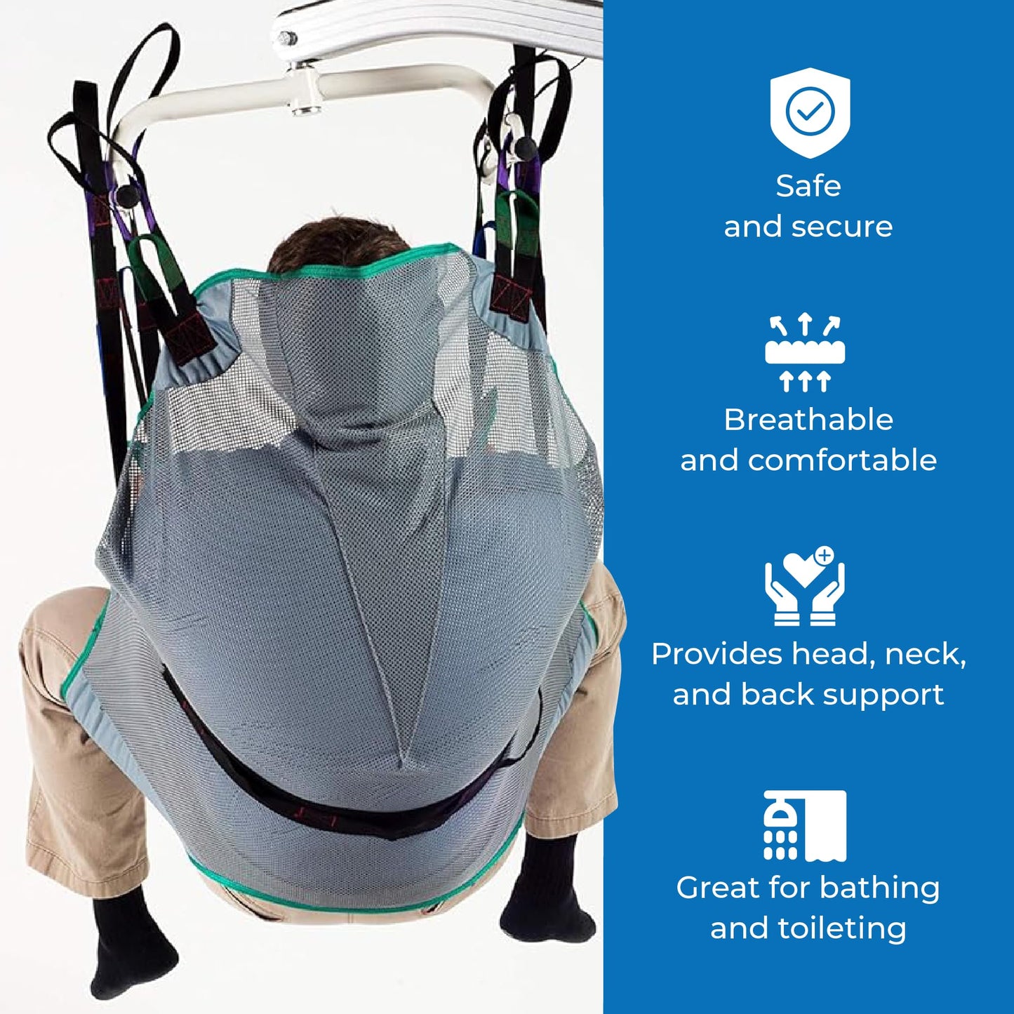 Patient Aid Full Body Mesh Divided Leg Sling with Head and Neck Support for Bathing and Toileting, with 90-165 lbs (Small) Weight Capacity Mesh Weave for Safe and Easy Transfers