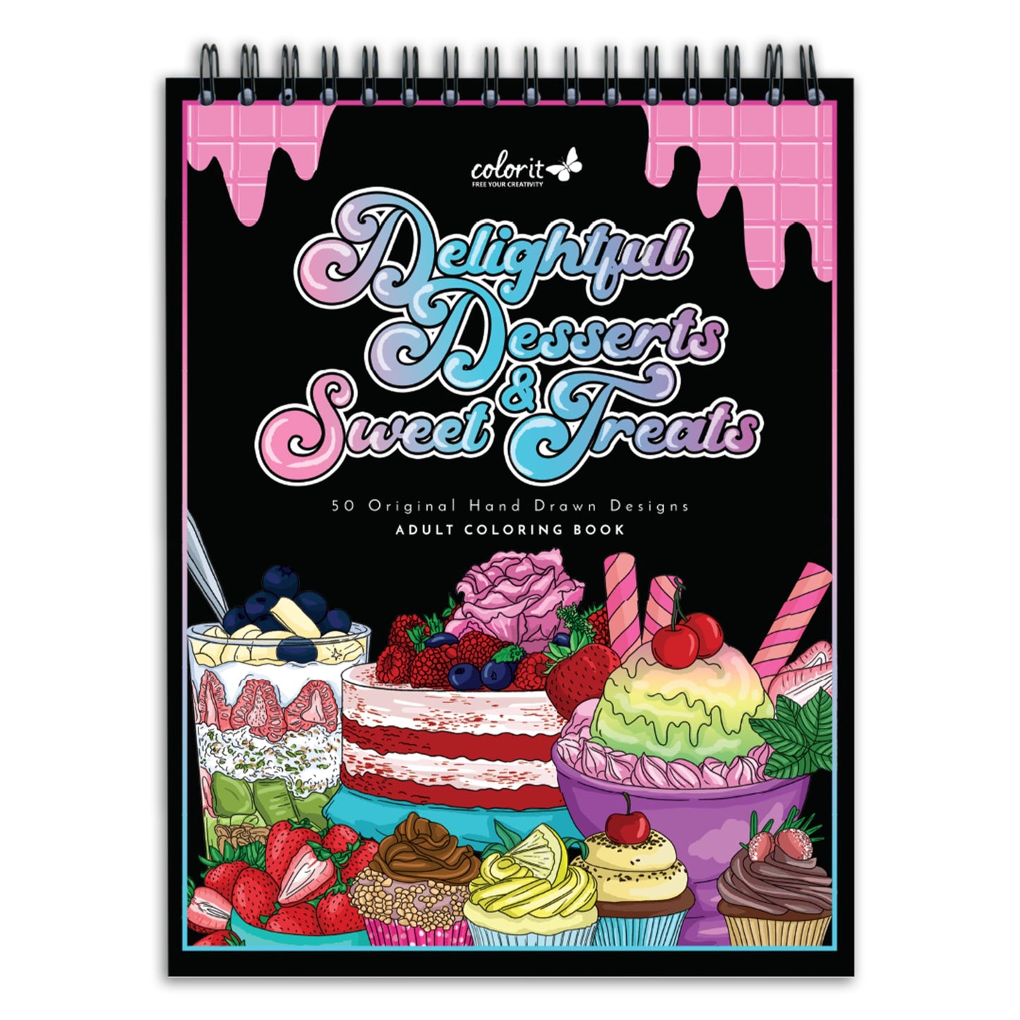 ColorIt Delightful Desserts and Sweet Treats Adult Coloring Book - 50 Single-Sided Designs, Thick Smooth Paper, Lay Flat Hardback Covers, Spiral Bound, USA Printed, Desserts Coloring Pages