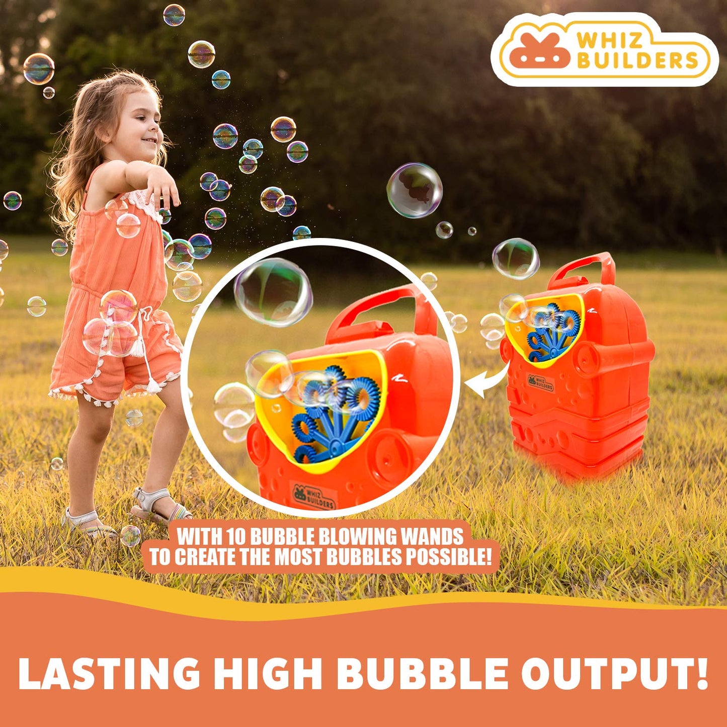 Whizbuilders Bubble Machine for Kids, Backyard Toys, Toddler Outdoor Toys, with Solution Refill, BPA-Free Manual Bubble Toys, Hand-Operated Blower, Lightweight, No Battery Needed (Bubble Fish) (Red)