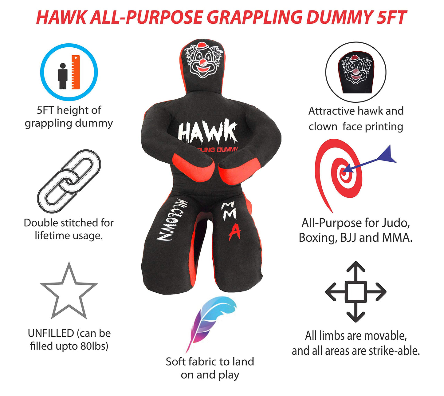 Hawk Sports Clown Grappling Dummy for Combat Sports Mastery, Moveable and Strikeable Punching Dummy for Adults, 5 ft. Boxing Dummy for MMA Jiu-Jitsu, Judo, Karate, and Wrestling Training and Sparring