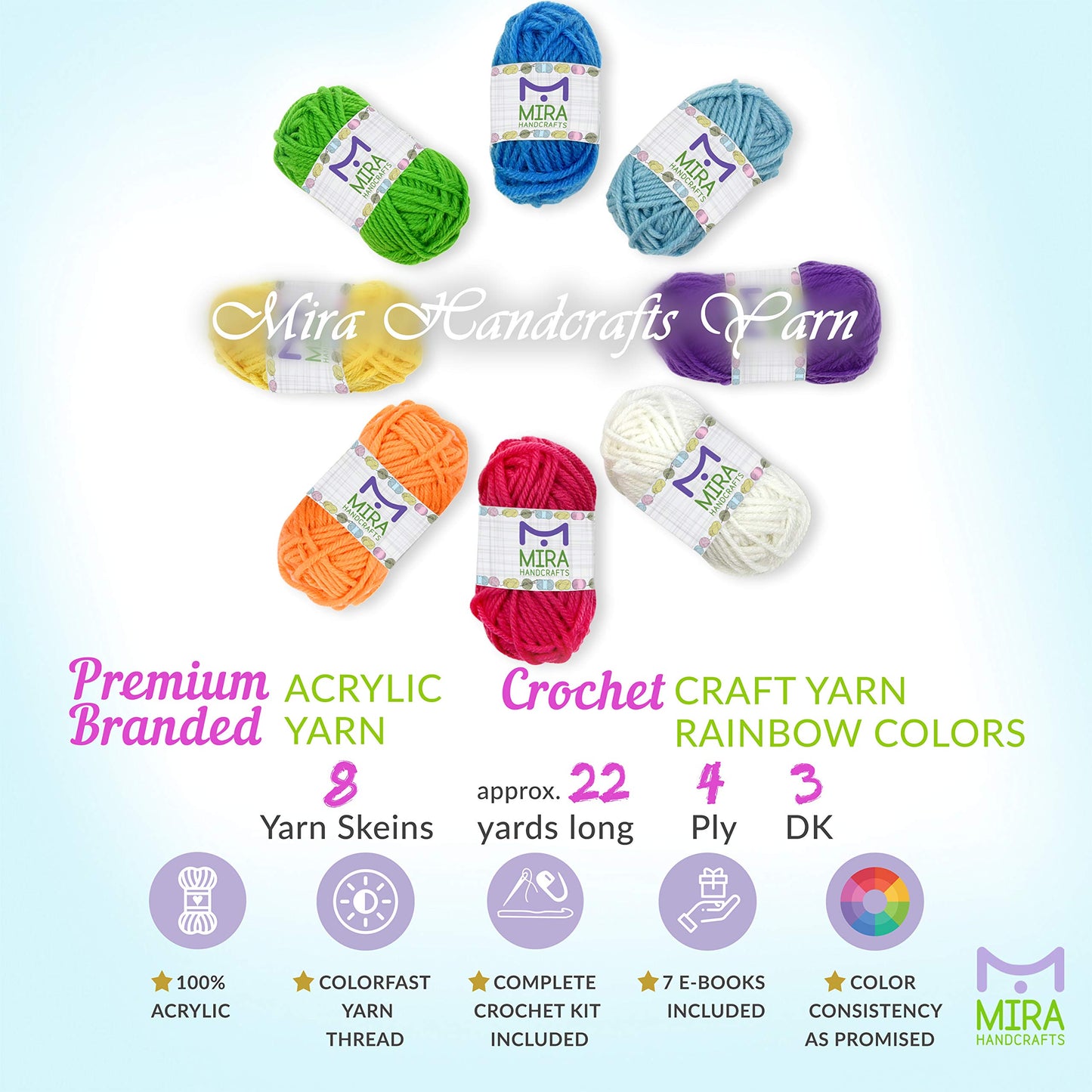 Acrylic Yarns – DK Yarn for Crochet and Knitting – 2 Crochet Hooks, 2 Plastic Needles, 4 Stich Markers, 7 Ebooks with Yarn Patterns Included – Perfect Craft Yarn | by Mira Handcrafts