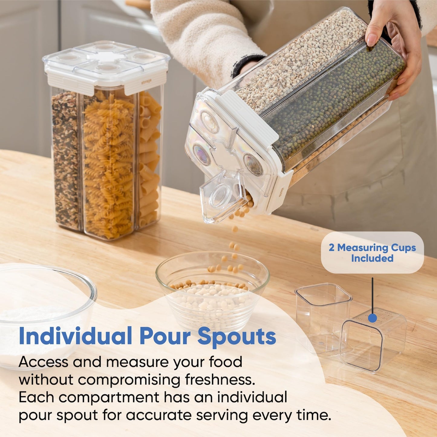 Chef's Path Customizable Airtight Pantry Storage Containers with Lids, 4 Adjustable Compartments - BPA-Free Kitchen Organizers and Storage for Cereal, Pasta, Grains, & More - 2-Pack, 2.4L Containers