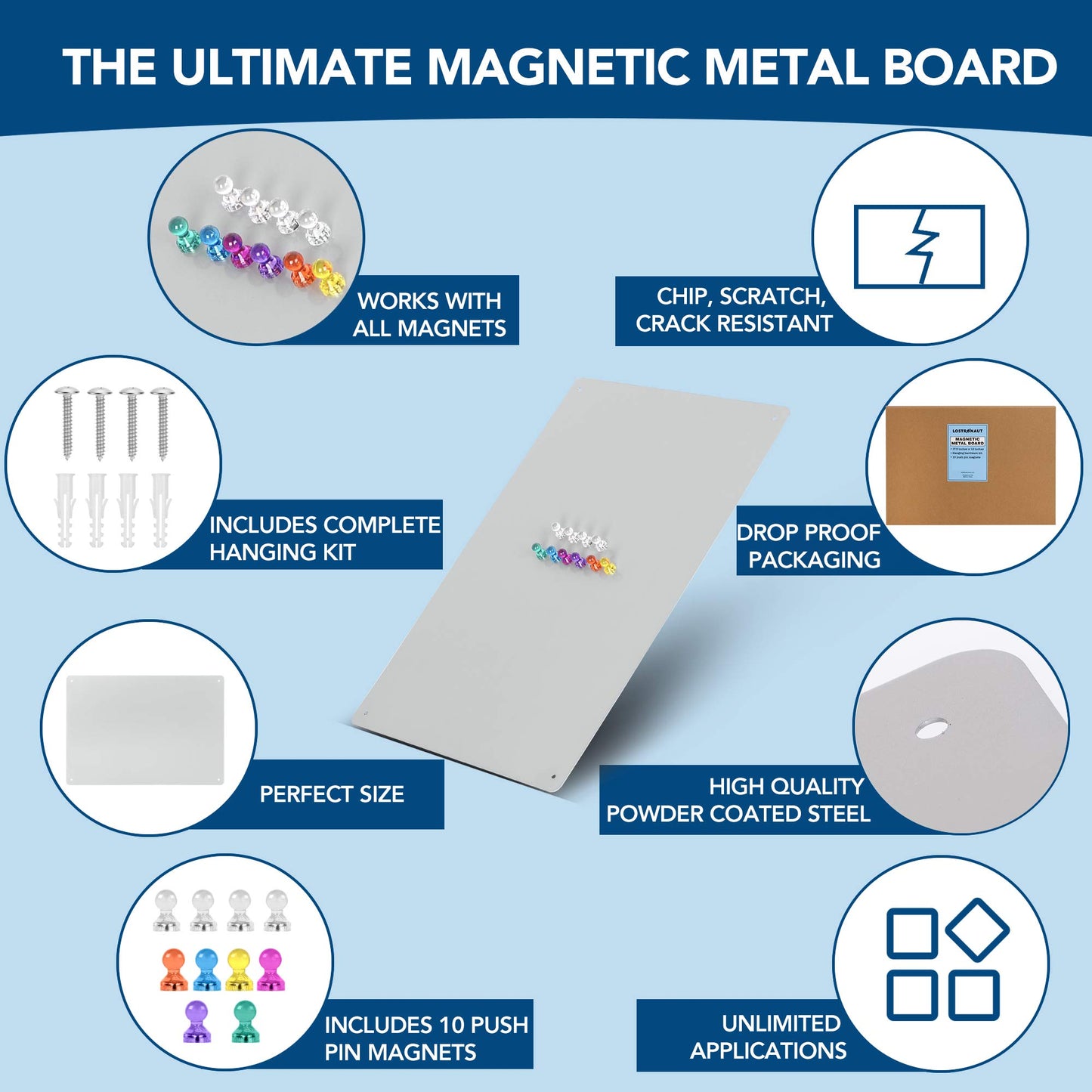 Magnetic Metal Board 17.5�� x 12�� - Magnet Bulletin Vision Memo Board includes 10 Push Pin Magnets and Hanging Hardware Kit for Easy Installation