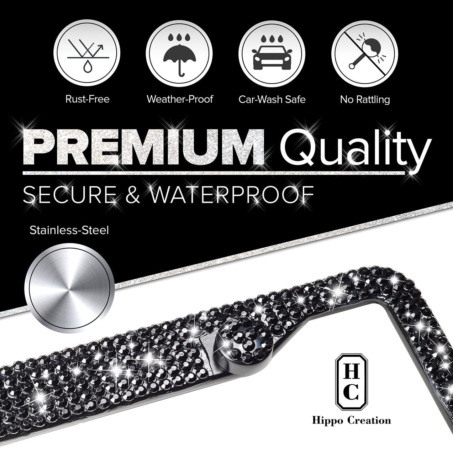 Black Bling License Plate Frames for Women - 2 Pack Bedazzled Cover, Clear Crystal Stainless Steel Girly Queen Sparkle License Plate Frame Cute Diamond Shiny Black Sparkly Cover