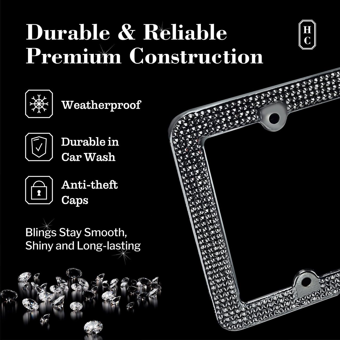 1 Pack Luxury Handcrafted Black Rhinestone Premium 4-Hole Stainless Steel Bling License Plate Frame with Gift Box | 1000+ pcs Finest 14 Facets SS20 Black Rhinestone Crystal | Anti-Theft Screw Cap