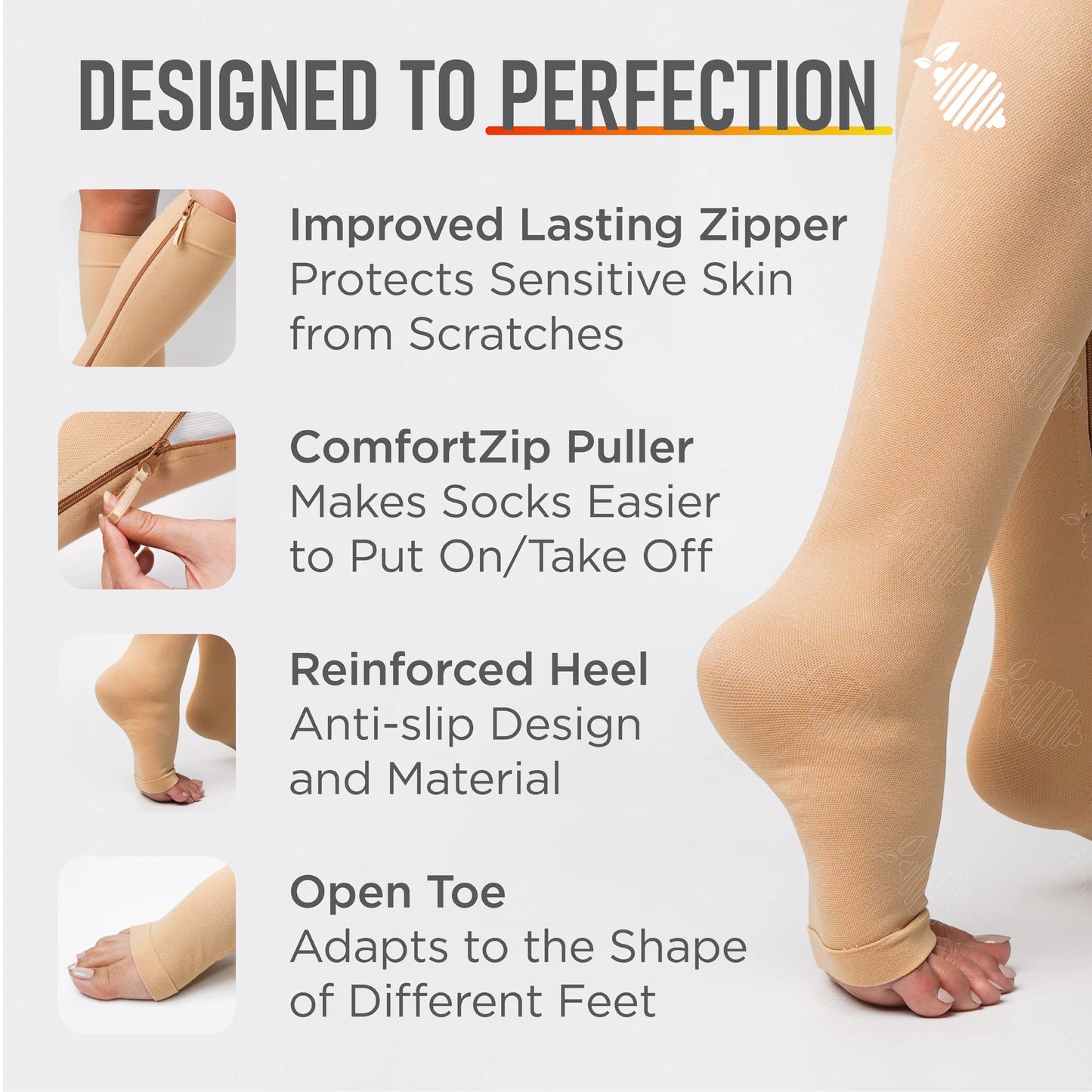 Zipper Compression Socks for Women and Men Open Toe 20-30mmhg Medical Zippered Compression Socks with Zip Guard for Skin Protection (5XL, Beige)